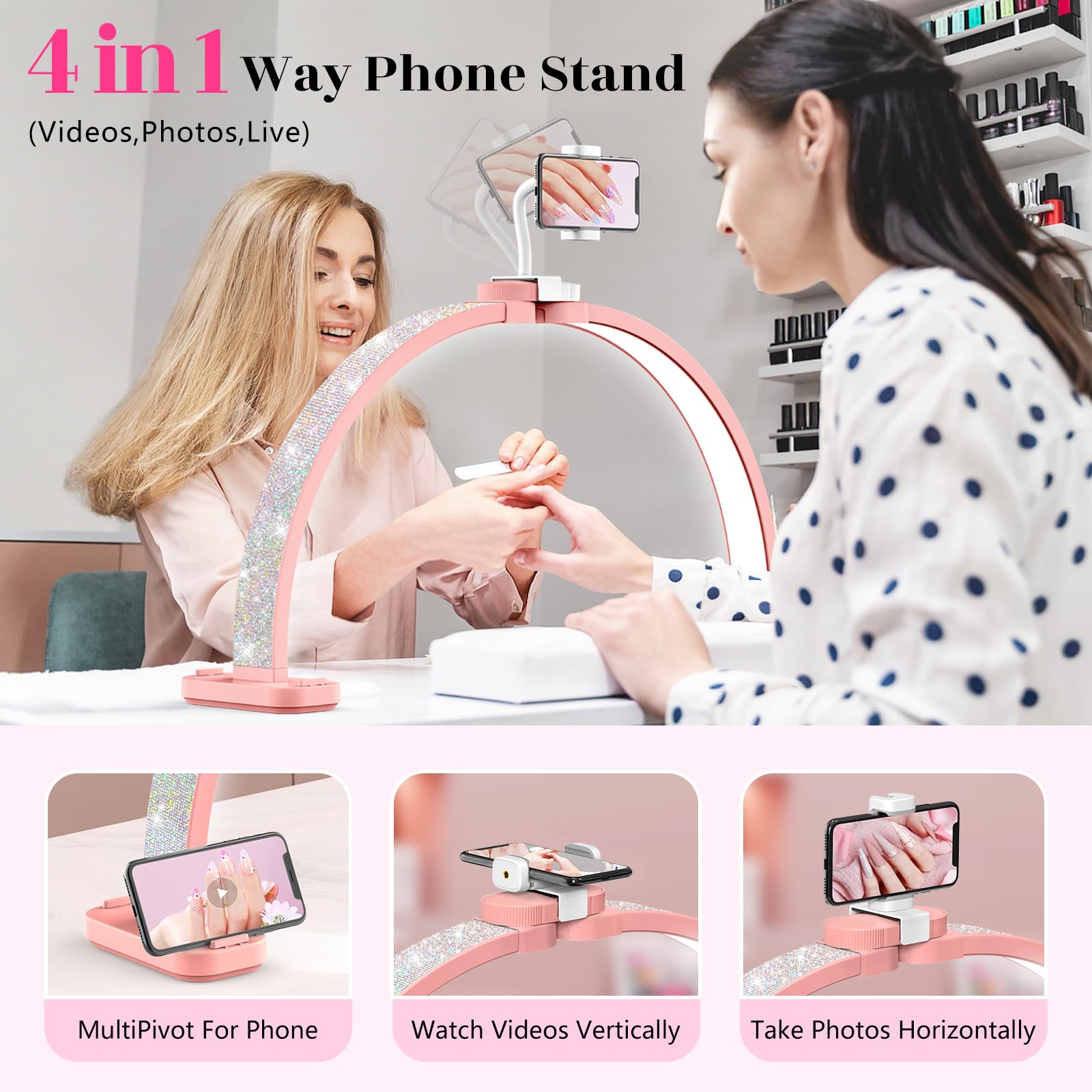 Half Moon Light for Nail Tech: 31 inch Lash LED Lamp with Phone Holder - 48W Foldable Arch Lights for Eyelash Tech - Manicure Handicraft Lighting for Spa,Salon: Pink