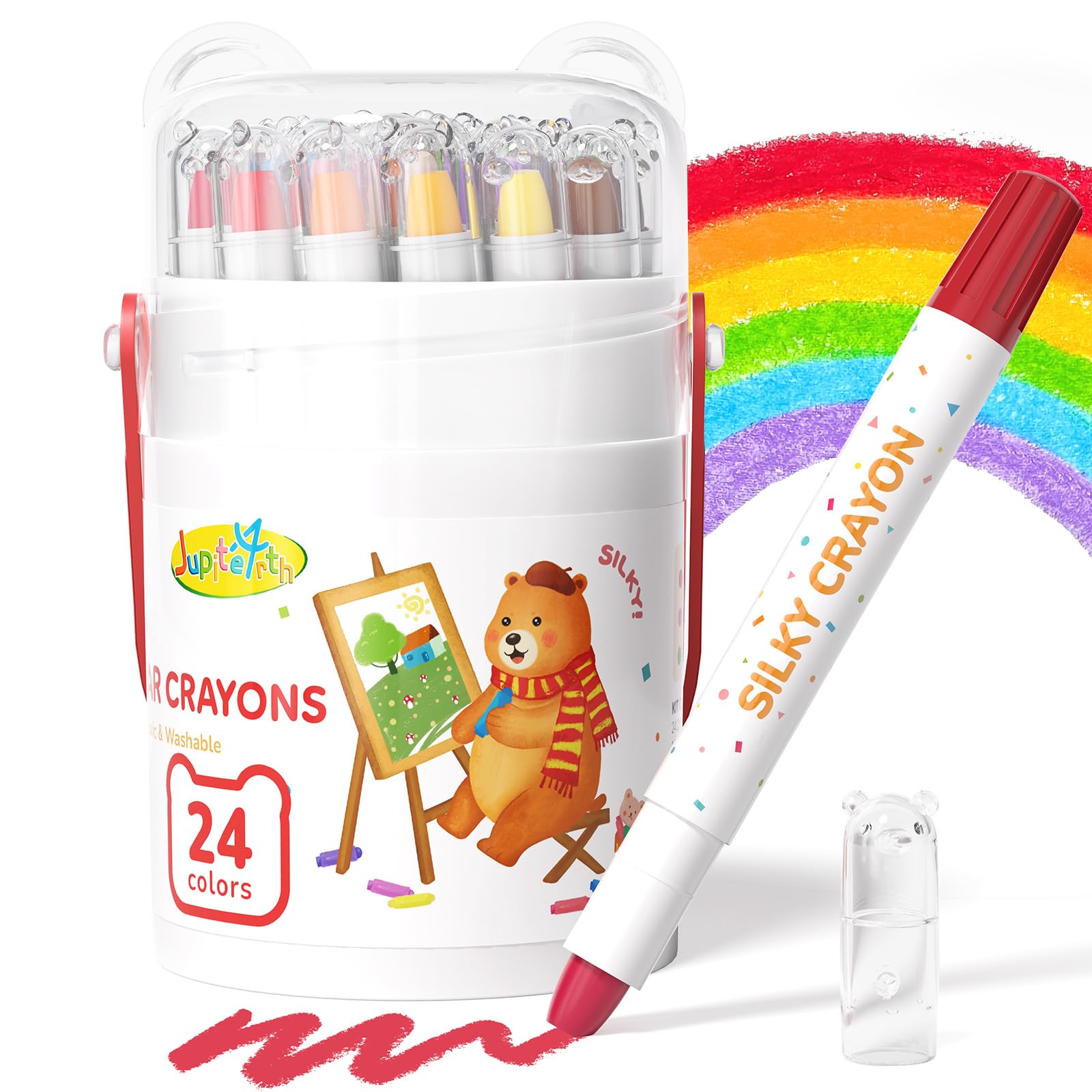 JUPITEARTH 24-Color Crayons for Toddlers 1-3 and Kids 4-8, Non-Toxic Washable Crayons, Ultra-Silky Easy-Grip Art Supplies, Ideal Coloring Gift for Boys and Girls