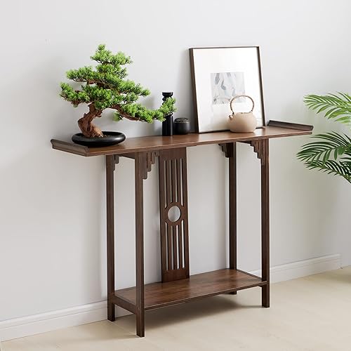 Miniatura 3 de Gdrasuya10 Mesa de sofá consola de bambú de nogal de 40 pulgadas, mesa de sofá vintage, mesa de consola estrecha y larga, estilo japonés, mesa de