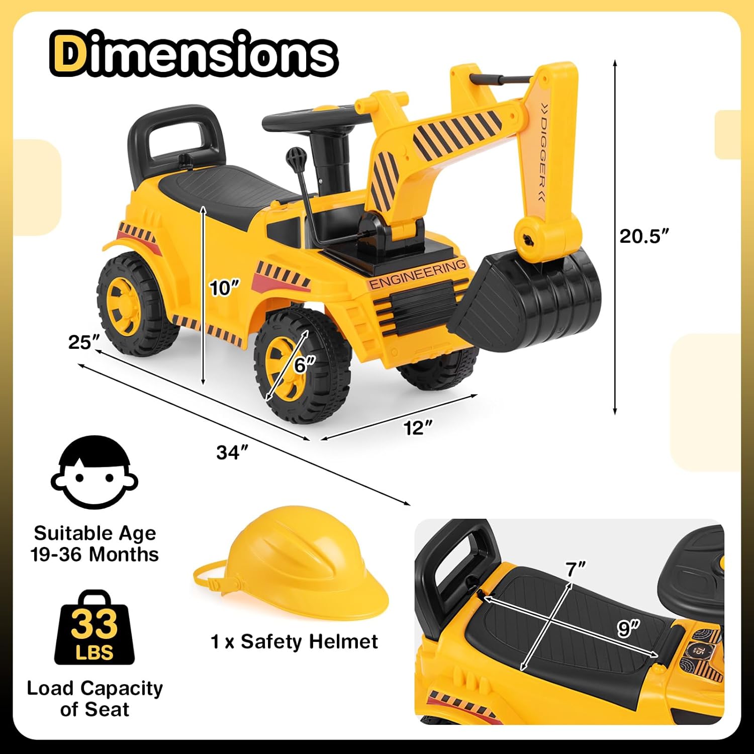 Costzon Ride On Excavator, Kids Construction Digger Truck, Ride on Push Car for Toddlers w/Working Shovel, Engine Sound, Under-seat Storage, Anti-Rollover Device, Sliding Car Vehicle Toy(Excavator)