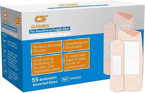 Miniatura 1 de Vendajes adhesivos de silicona para pieles sensibles, vendajes de eliminación sin dolor para niños y ancianos, 55 unidades de tamaños surtidos,
