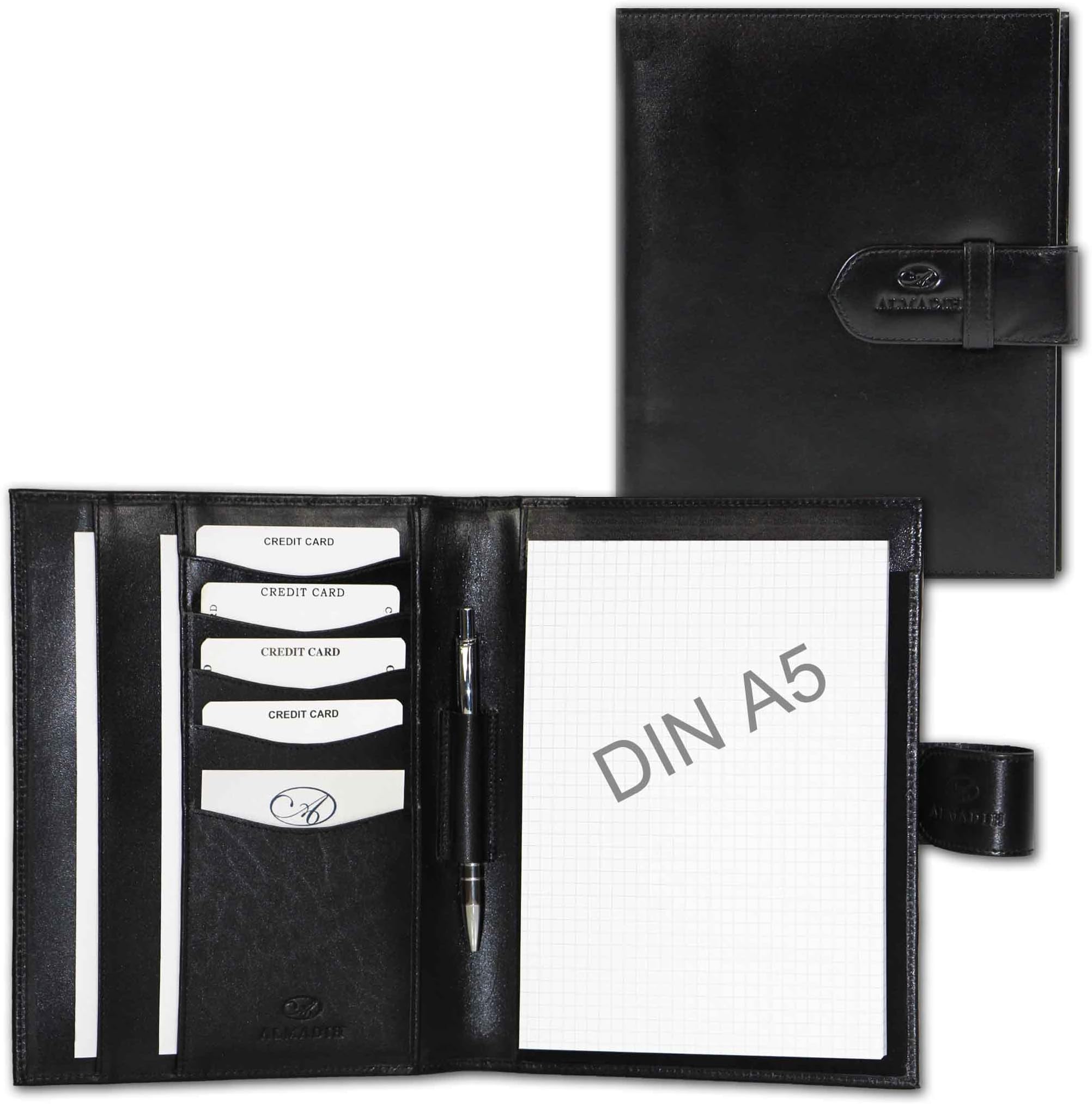 ALMADIH Leather A5 Writing Case Premium Cow Leather Black โ Writing Pad Personal Organizer Conference Folder System Planner Portfolio Folio Workbook Datebook Schedule Diary Organiser Sleeve Document