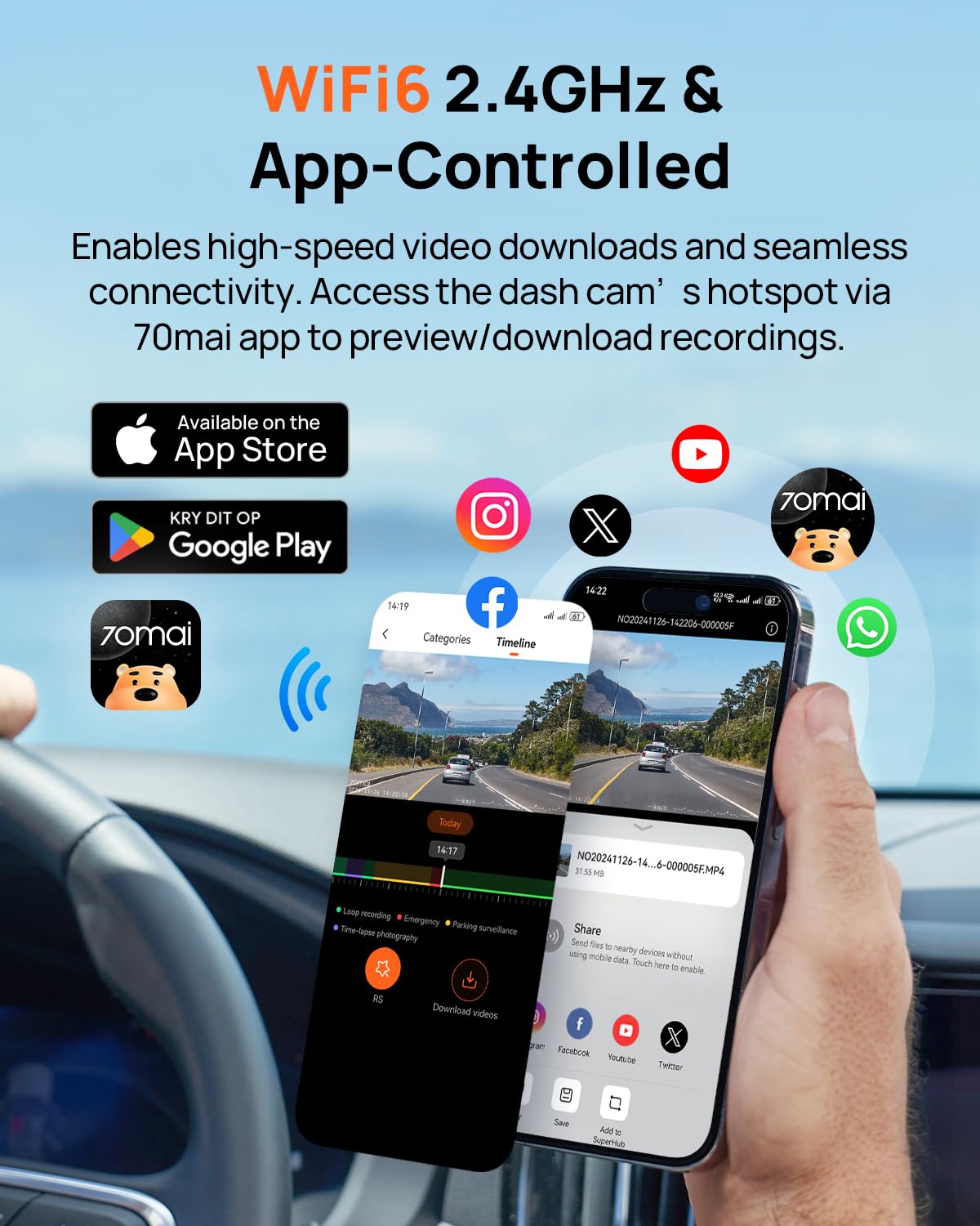 70mai A800SE Dash Cam Car Front Rear 4K UHD+1080P with GPS WiFi, Dual Car Camera with 128GB SD Card, F1.55 Aperture HDR, Night Vision, ADAS, 3 "IPS, 24/7 Parking Monitoring, Supports 512 GB Max — view 9