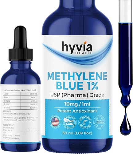 Azul de metileno 1% USP grado farmacéutico para humanos  99.99% de pureza  Probado por terceros, certificado ISO, formaldehído y alcohol gotas