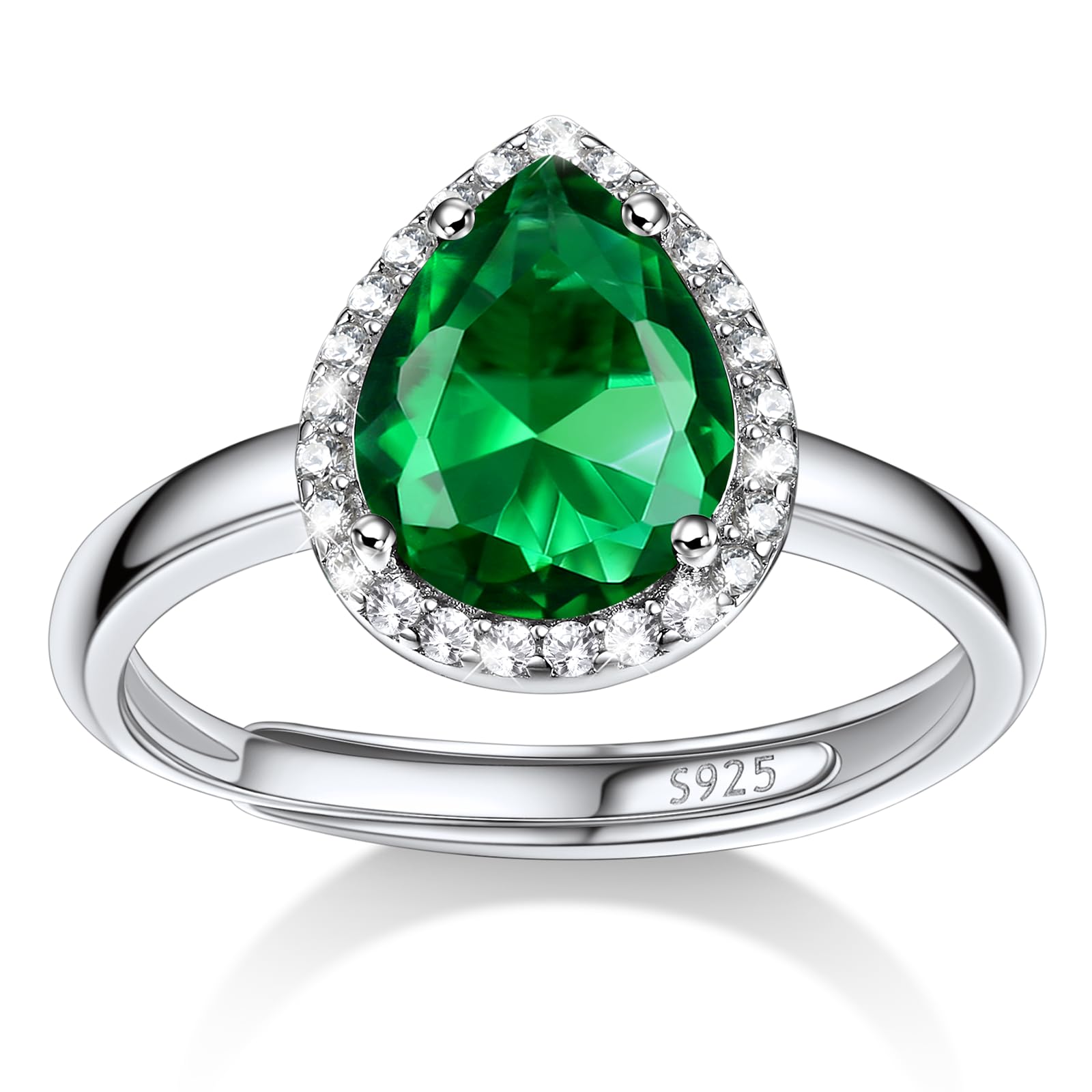 925スターリングシルバー 誕生石リング レディース ガールズ クリア2ct ハート/ラウンド/ティアドロップ/スクエアクリスタル ソリティアダイヤモンド ヘイローオープンバンド キュービックジルコニアリング サイズ#6 - #12, スターリングシルバー 人工エメラルド 合成ダイヤモンド。, 人工エメラルド,