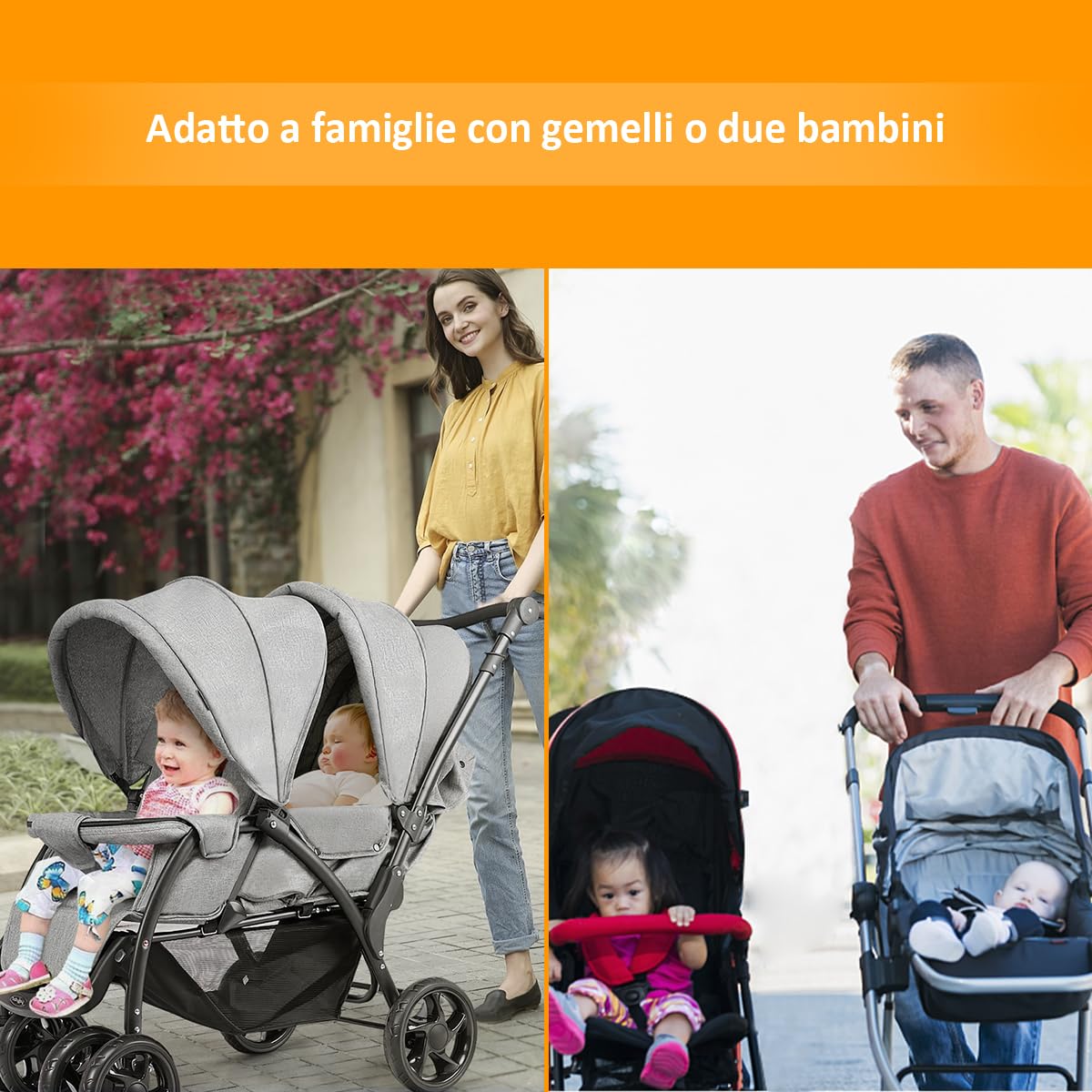 GYMAX Passeggino Gemellare Doppio/Fratelli di Età Diverse, Pieghevole Leggero, Tendalino/Schienale Regolabili, Portata di 15kg+15kg (Grigio, Verticale)