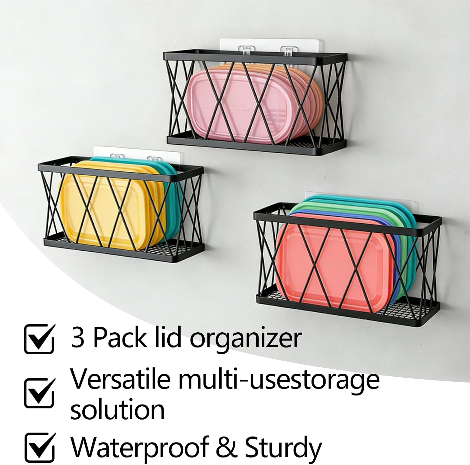 3 Pack Lid Organizer Inside Cabinet, Metal Hanging Container Lid Rack for Cabinet Door, Food Container Lids, Plates, Cutting Boards and Kitchen Storage