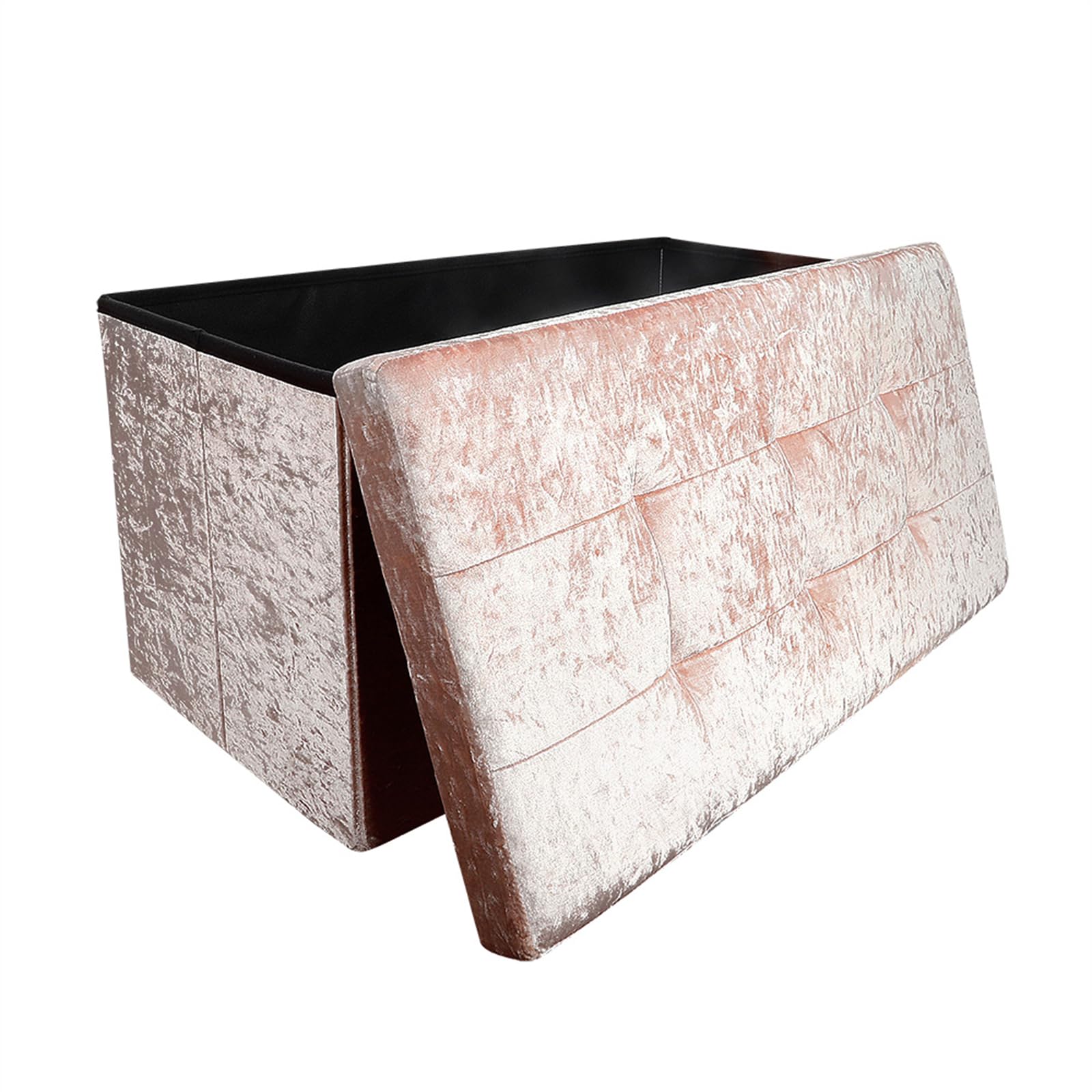 Dripex Crushed Velvet Quilted Top Folding Storage Ottoman Seat, Large 2 Seater Stool, Toy Storage Box Bench 76 x 38 x 38 cm (Cream, Medium)