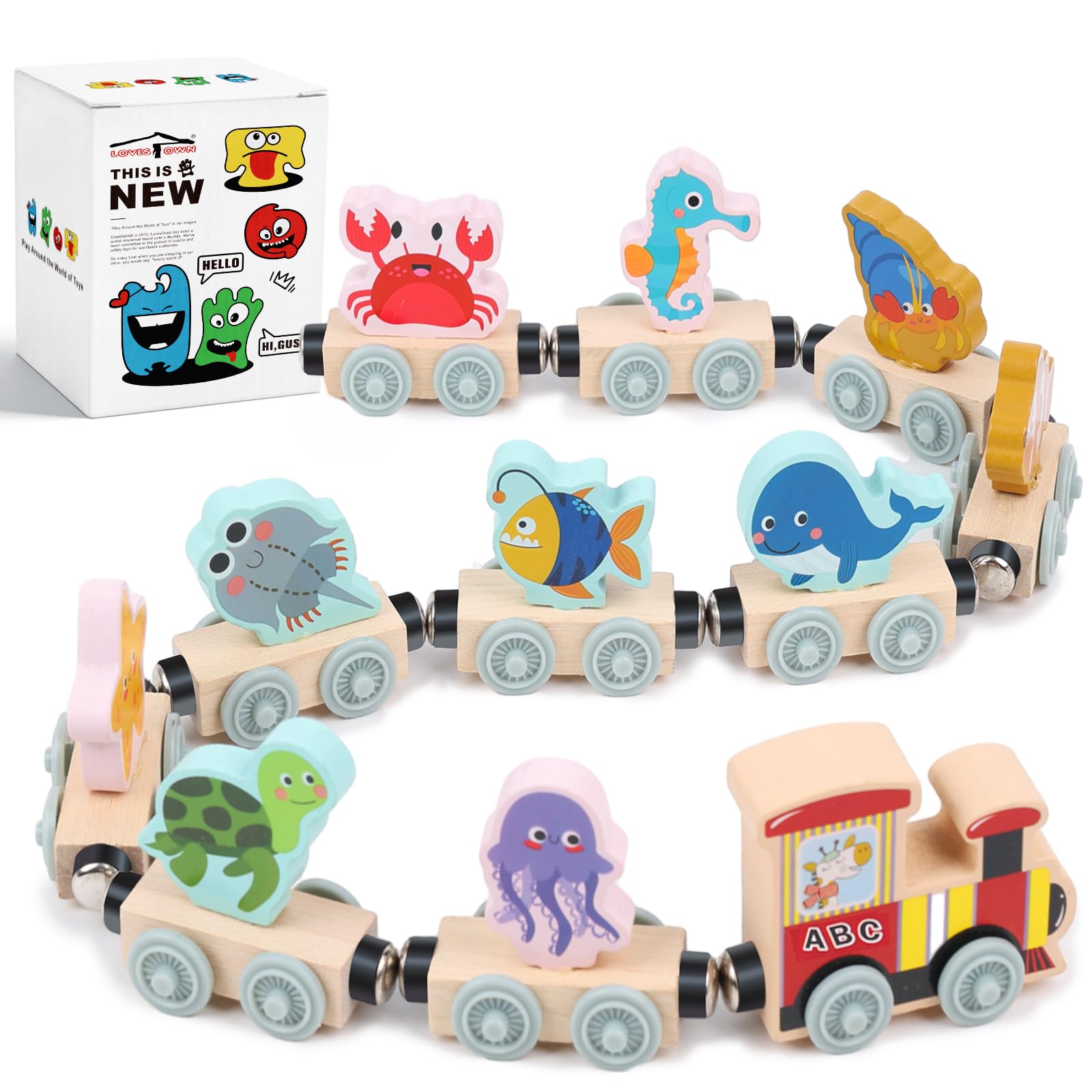 LovesTown Magnetic Wooden Sea Animal Train Set, Montessori Ocean Animal Toys for Kids, Educational Preschool Learning Activities, Toddler Birthday Gifts, 11 PCS
