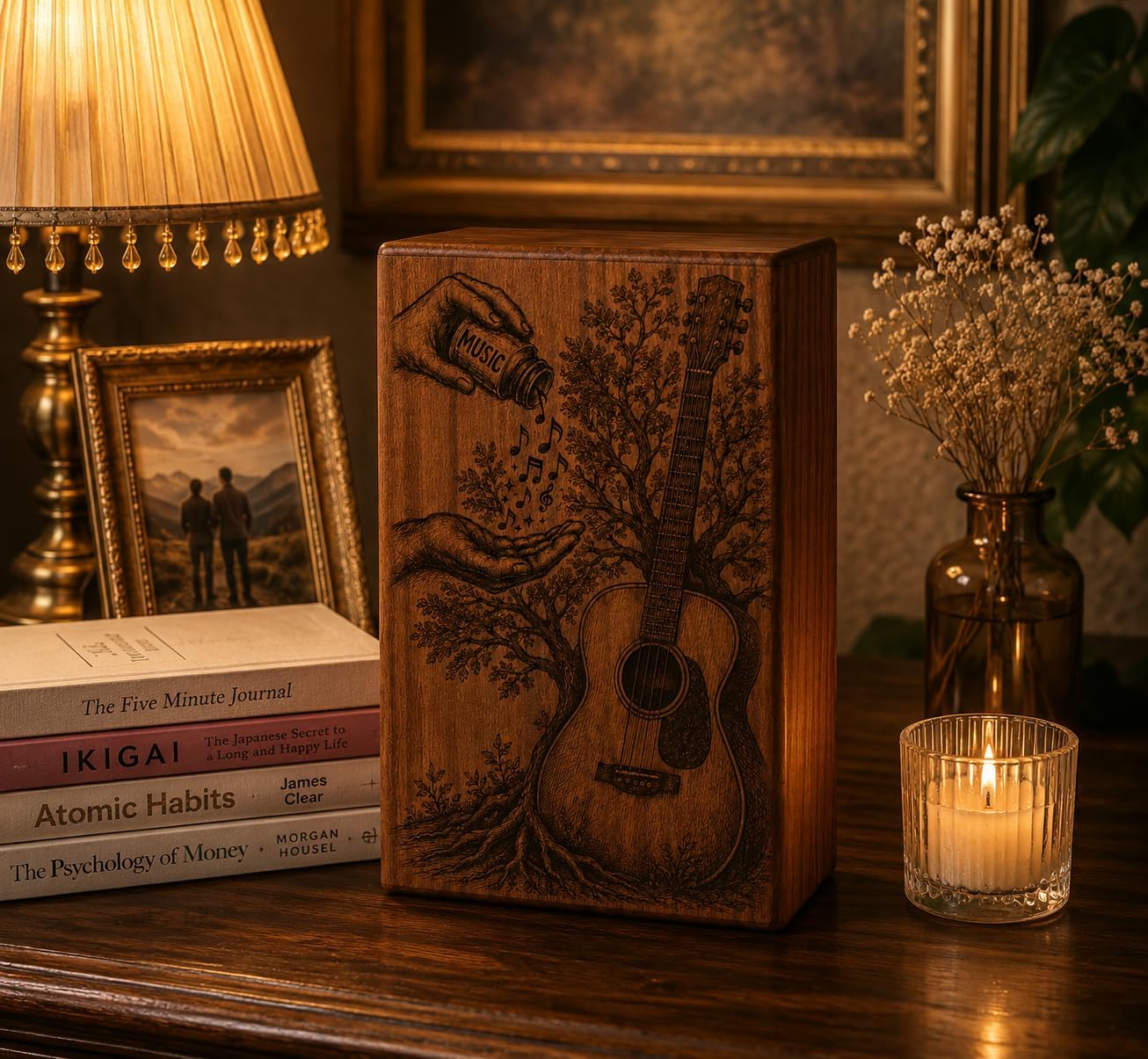 Handcrafted Wooden Guitar Cremation Urn for Human Ashes – Music Lover Memorial Urn Box – Engraved Acoustic Guitar Funeral Keepsake for Loved One (((8X5-115 Cu.in)))