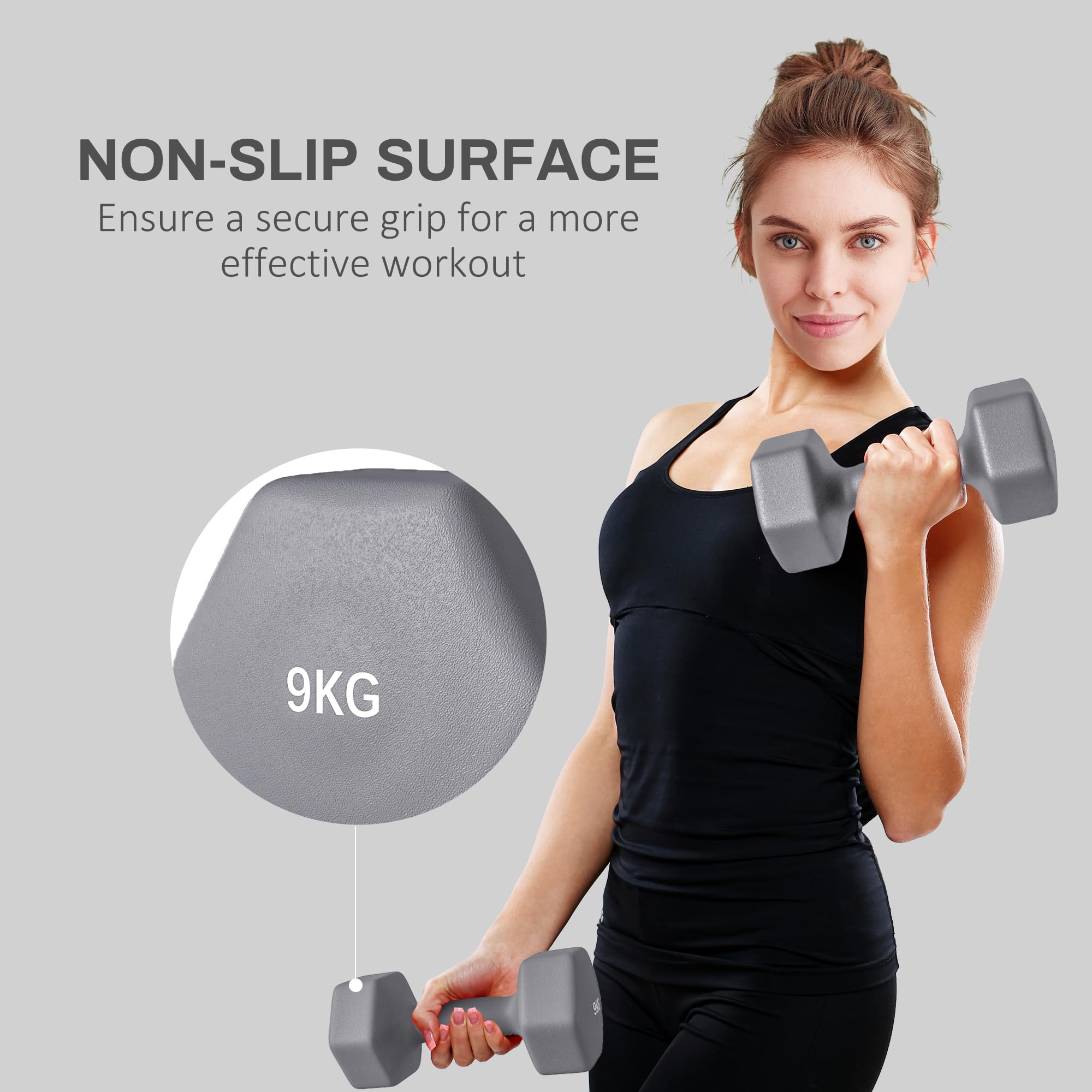 SPORTNOW 2er-Set Sechseckhanteln 9 kg Metall und Kunststoff, 2 Gewichtshanteln mit rutschfestem Griff, 25x11x11 cm, grau | Sechskant-Hantel-Set aus Metall, Krafttraining, Fitness zu Hause, für Männer/Frauen