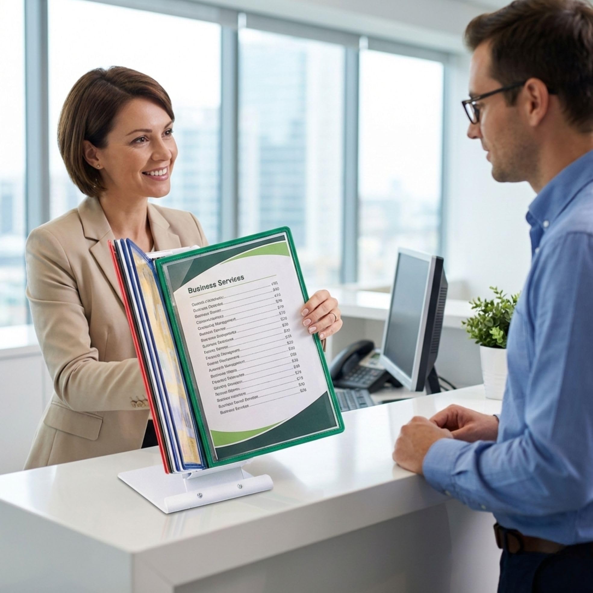LEVIATAN Tisch-Sichttafelsystem A4 | 10 Präsentationstafeln | Stabiler Metall-Standfuß | Dokumenten-Display für Büro, Werkstatt, Empfang | Mehrfarbig