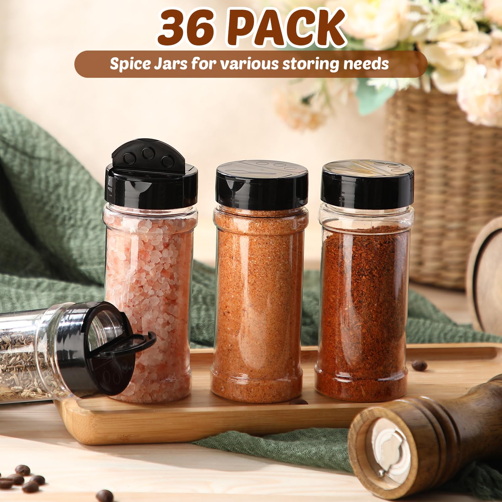 Jadive Lot de 36 pots à épices en plastique transparent de 200 ml avec couvercles shaker, pots à épices vides pour la cuisine, le stockage des herbes, des poudres, du poivre, des produits secs