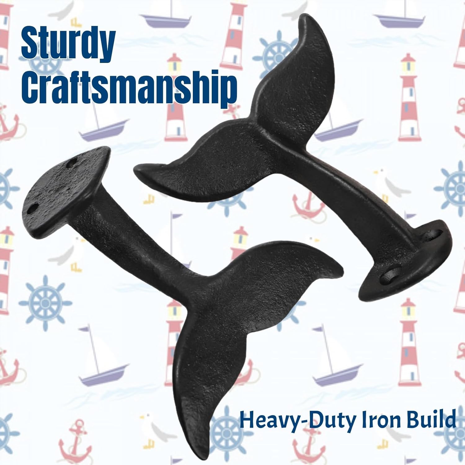 Set of 8 Whale Tail Wall Hooks, Cast Iron Towel Hook with Mounting Screws Wall Anchors, Heavy Duty Wall-Mounted Coat Hanger Nautical Decor for Hanging Purses, Hats, Clothes - Image 5