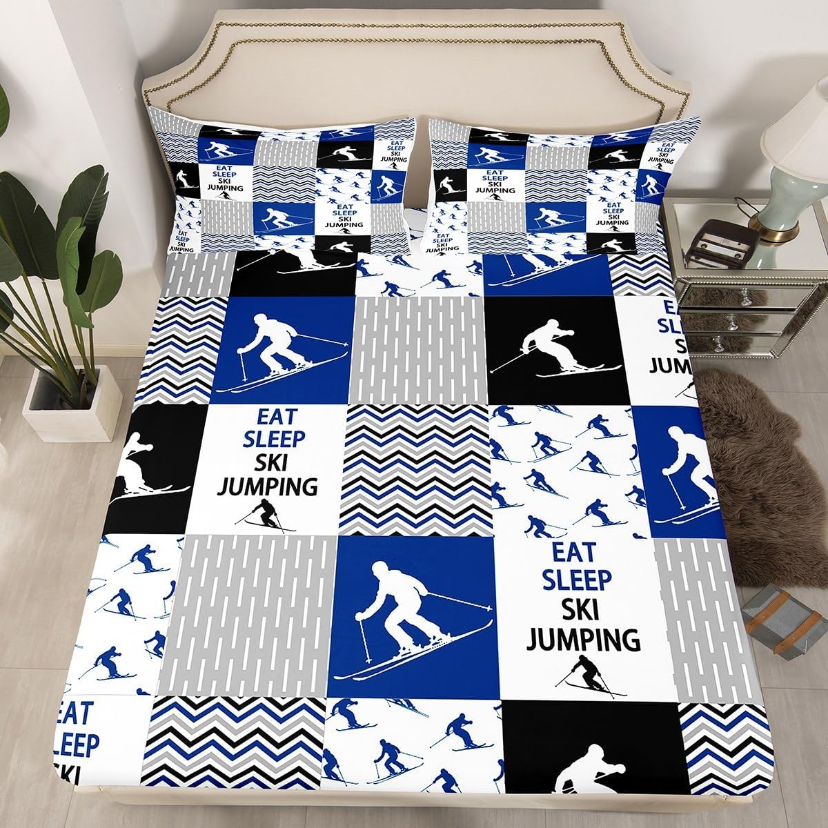 Feelyou Ski Jumping Sheets Full Size with 2 Pillow Cases Extreme Sports Bed Sheet Set Ski Sports Bedding Set Winter Sports Blue Bed Sheets for Boys Girls Kids Adults