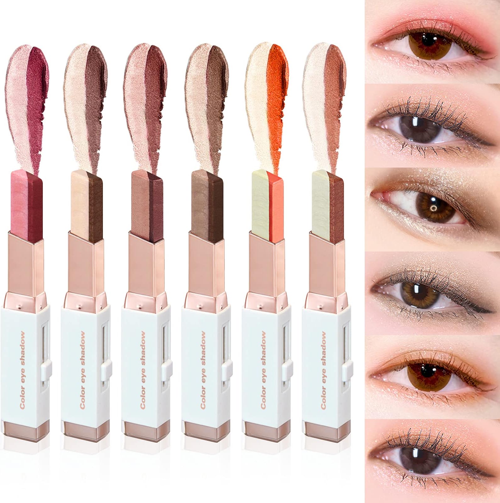 LOKFAR 12 Colors Glitter Eye-shadow Stick Set, Two-Tone Shimmer Gradient Shadow, Duo Chrome Metallic Eyeshadow Stick Waterproof Glitter Eye Shadow Pen for Women Eye Makeup (6 Pcs)