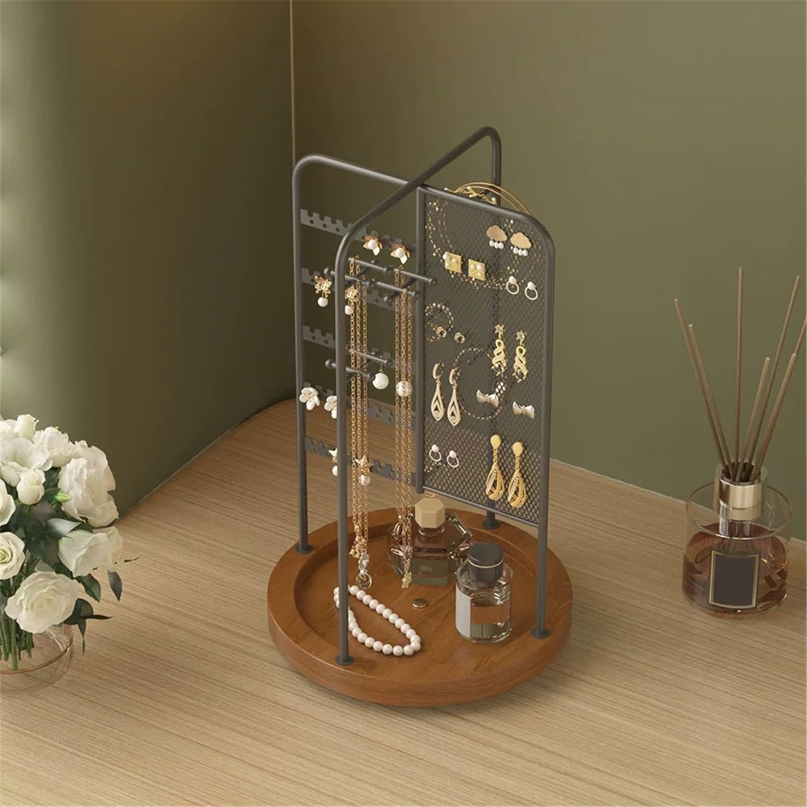 organizator biżuterii Rotatable Iron Jewelry Organizer Stand with Wooden Tray