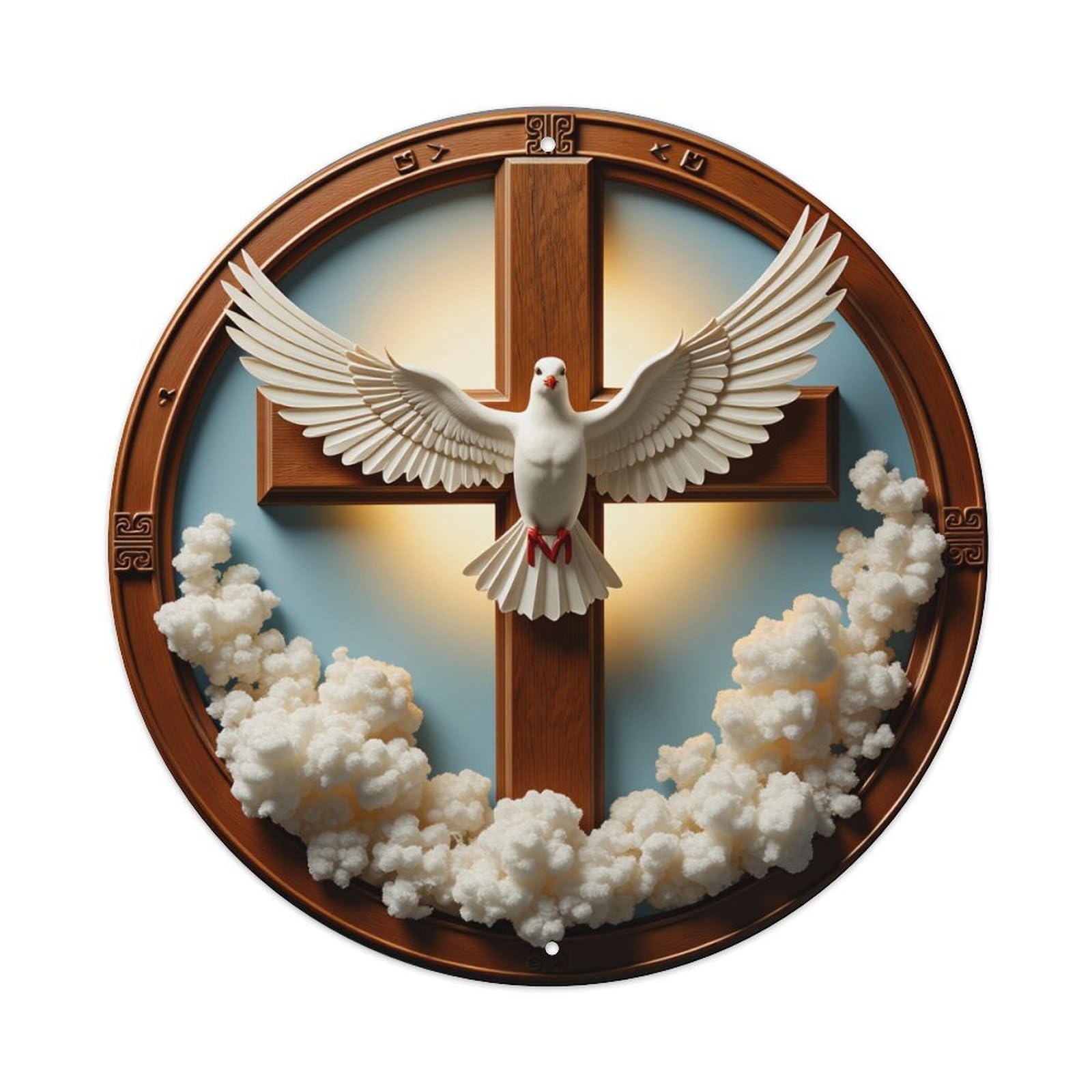 Dove Cross Clouds Light Wood Round Tin Sign Vintage Metal Poster, Home Bar Garage Man Cave Cafe Indoor & Outdoor Wall Decoration 8x8Inches