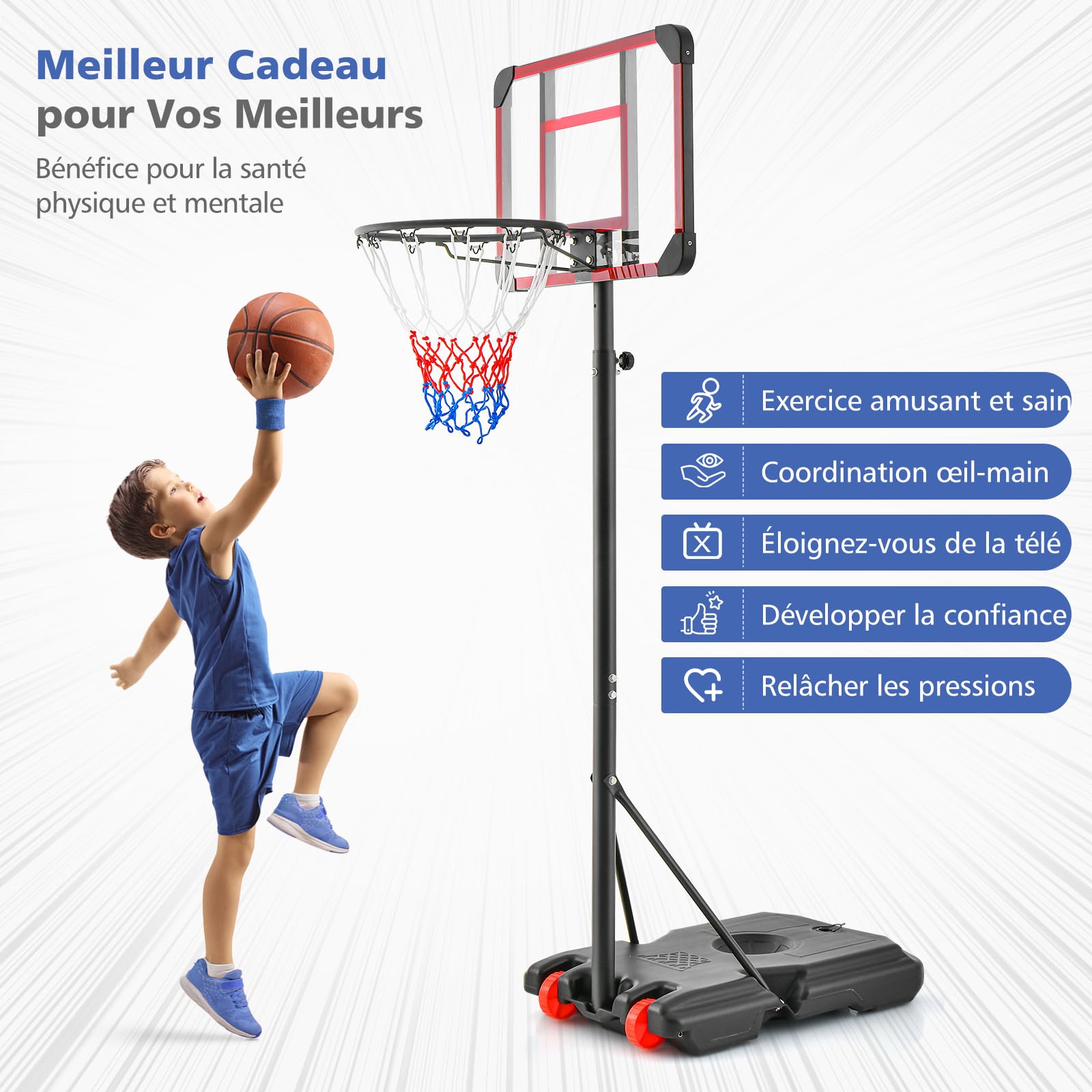 GYMAX Panier Basket Extérieur pour Enfant, Hauteur Réglable 155-210 CM, Base Stable Remplissable, Déplacement Facile avec Roues Lisses