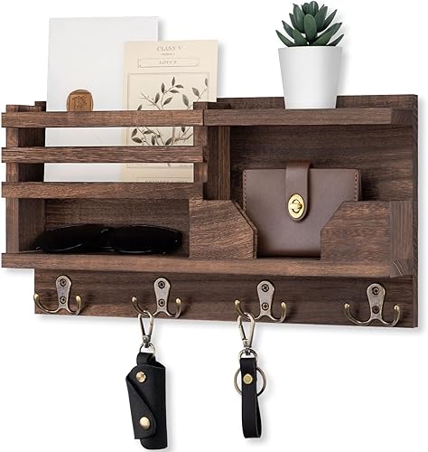 Miniatura 10 de Organizador de Correo y Llavero para Pared - Organizador Decorativo de Entrada de 15.9" x 8.7" x 3.2" con Estante - Madera de Paulownia con 4 Negro