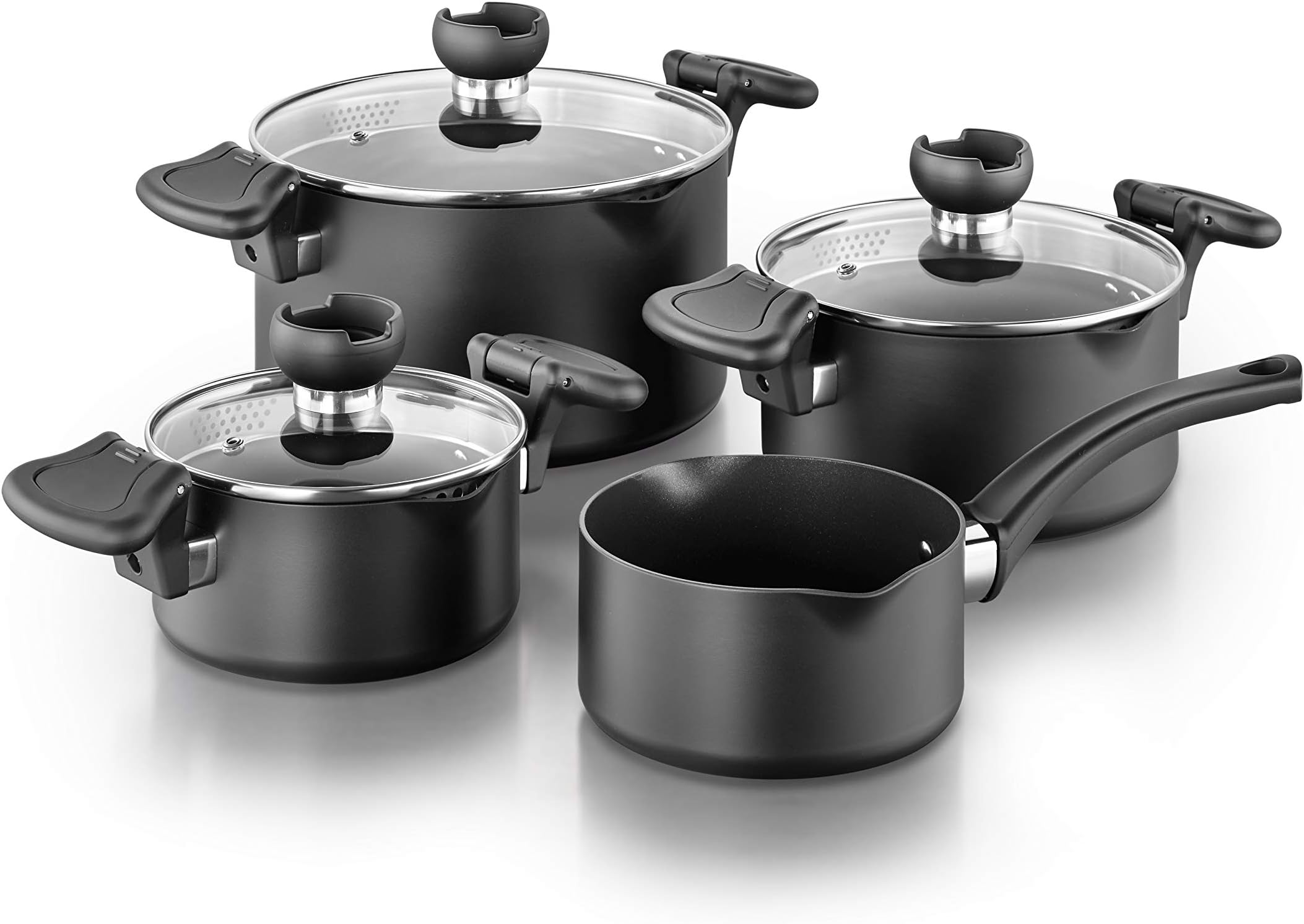 Kopf pot set Nela made of cast aluminum - induction cookware set with intelligent pouring aid, 3x pots with glass lid and 1x casserole, 7-piece