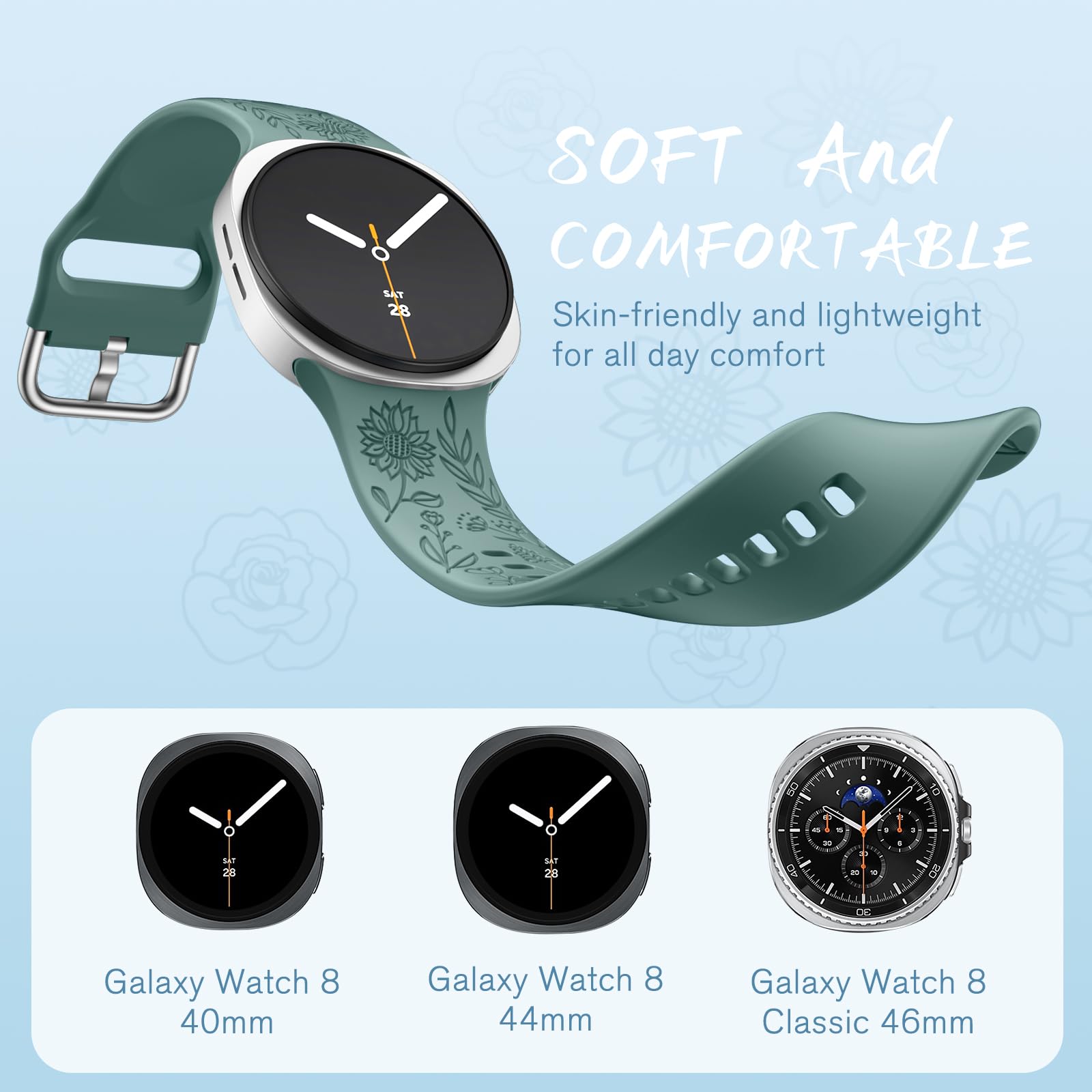 SNBLK Floral Engraved Bands Compatible with Samsung Galaxy Watch 8 Band 40mm 44mm/Galaxy Watch 8 Classic Band 46mm, 6Pack Flower Soft Silicone Sport Replacement Strap for Samsung Watch Bands Women Men - 5