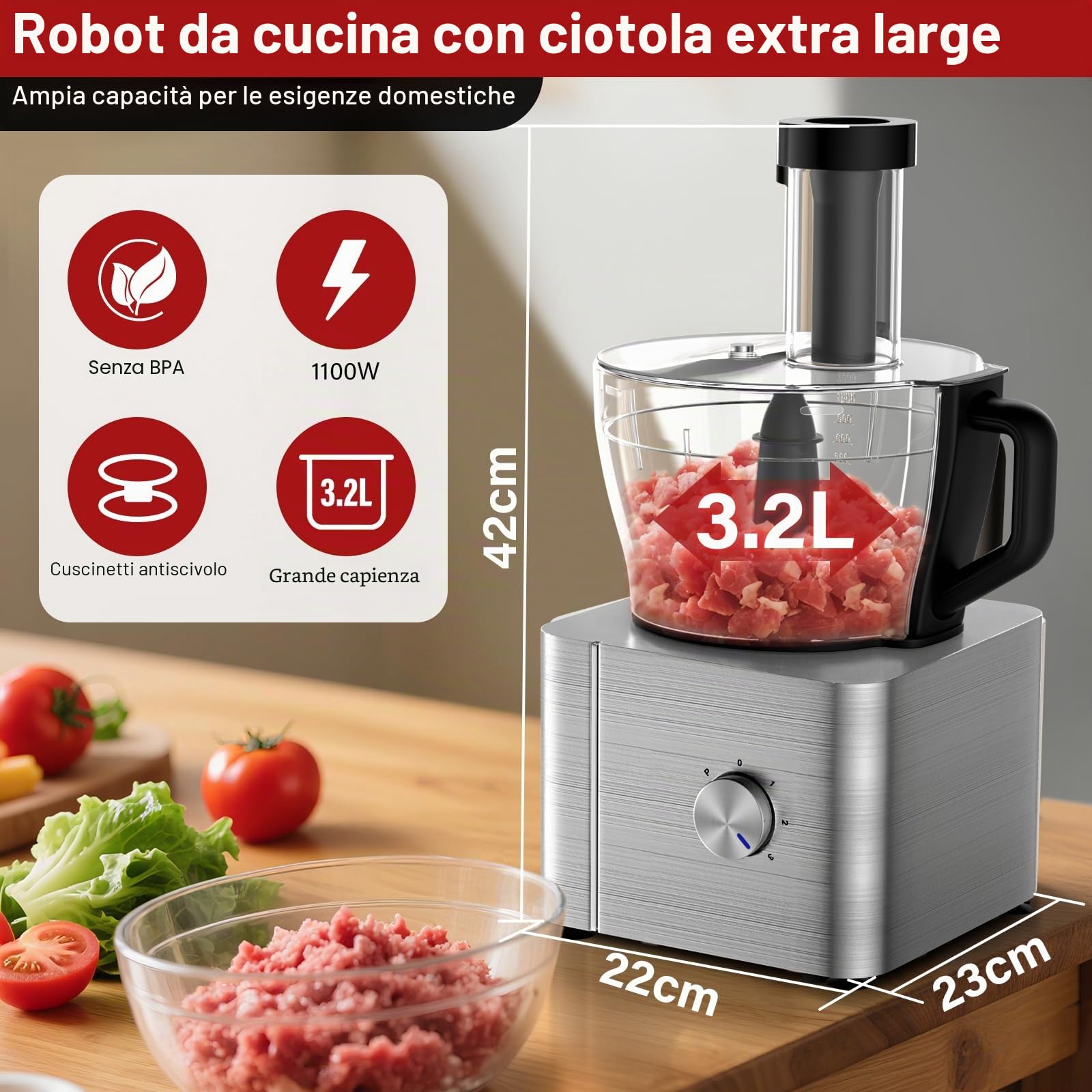 SNDOAS Robot da Cucina Multifunzione, 1100 W Frullatore Tritatutto Multifunzione, Ciotola 3,2 L, Frullatore da 1,5 L, Macinacaffè, Frusta, Argento