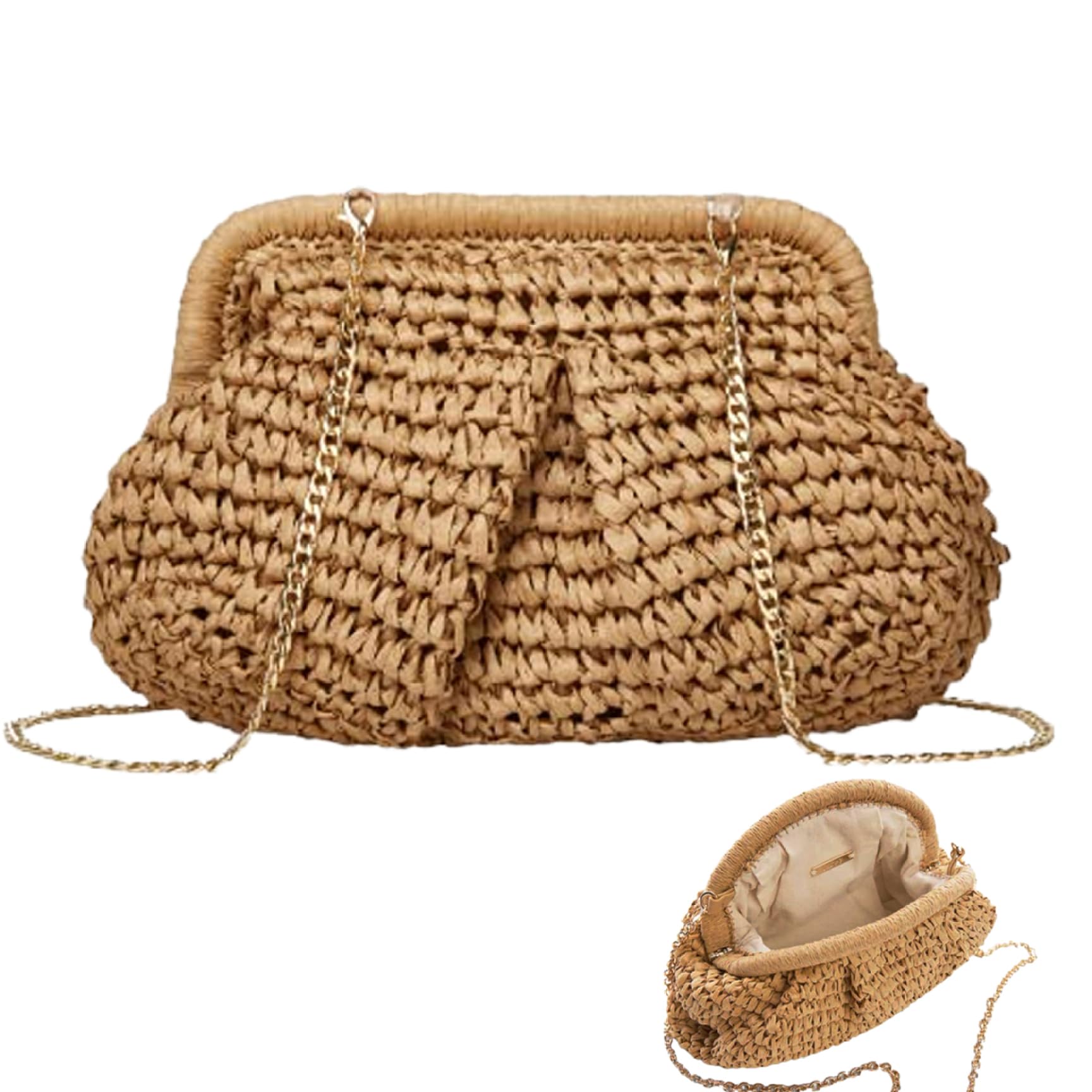 Clutch Bags For Women Straw Bag Straw Crossbody Bag Women Straw Clutch Crossbody Raffia Clutch Purse Straw Beach Shoulder Handbag Woven Dumpling Pouch Bag For Party Wedding Summer Beach Khaki