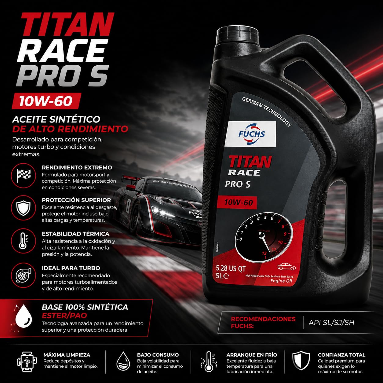 FUCHS TITAN RACE PRO S SAE 10W-60 Aceite Motor 5L, Sintético Base Éster/PAO, Alto Rendimiento, Competición, Track Day, Motores Turbo, Protección Antidesgaste, API SL/SJ/SH