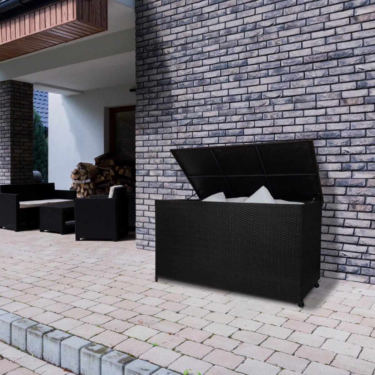 Box portaoggetti Cassapanca da giardino in rattan Nero - 582L, sollevamento assistito del coperchio Telaio in Acciaio Resistente borsa inclusa impermeabile, Ruote, ideale per cuscini d’angolo Jardi