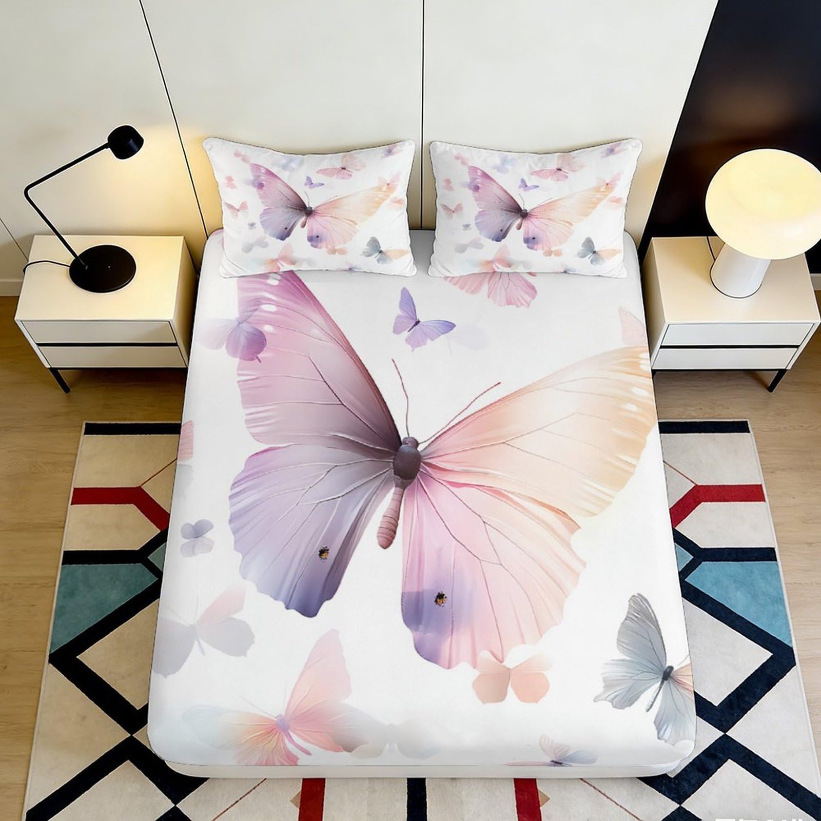3D Printed Butterfly Pattern Fitted Sheet Microfiber Soft Breathable Pastel Floral Bed Cover for Bedroom Dormitory Guest Room Mattress Protection Decor 200x200x25cm