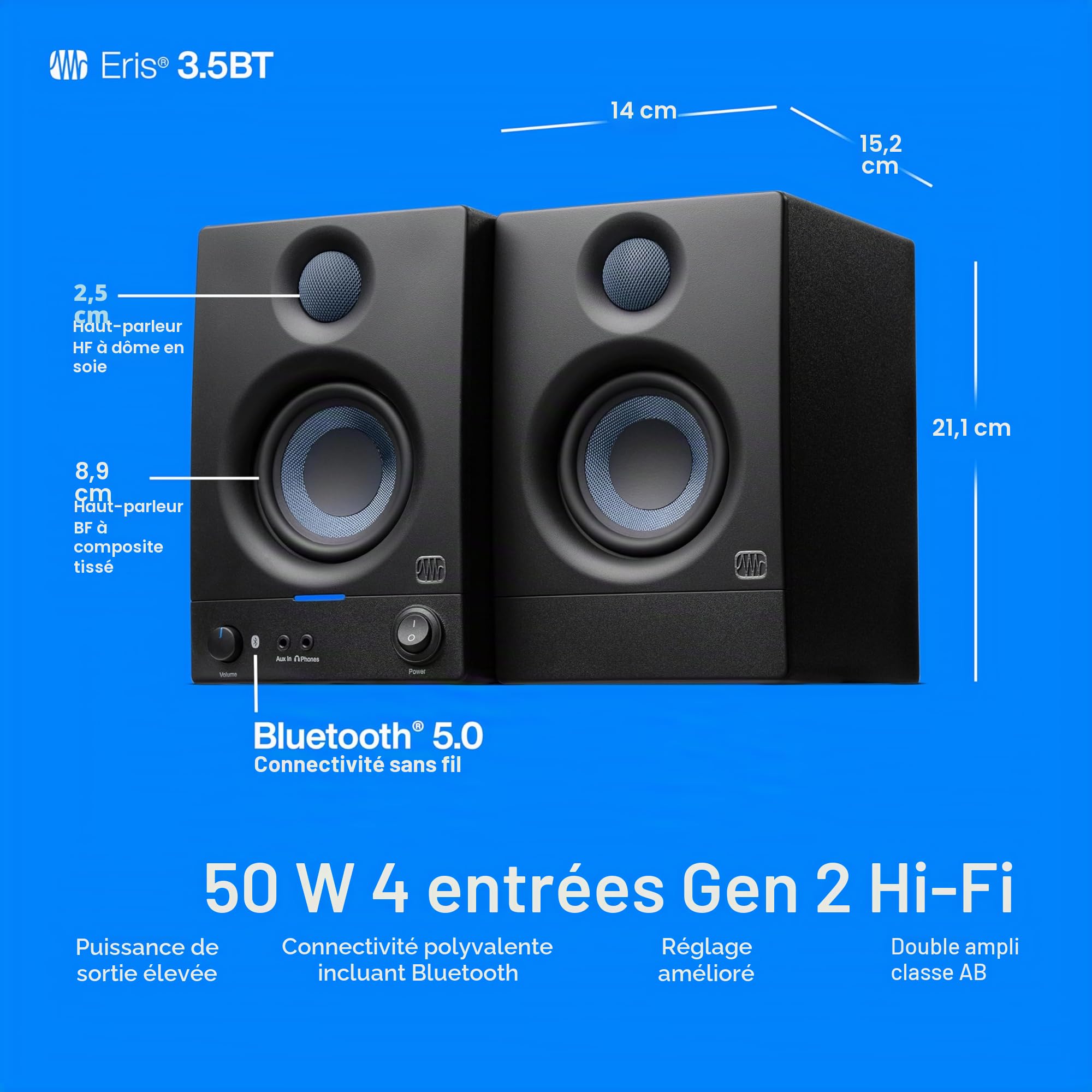 PreSonus Eris 3.5BT Gen 2, Enceintes Actives 3,5" de Bureau avec Bluetooth pour Multimédia, Gaming, Production Musicale de Qualite Studio, Puissance de 50 W