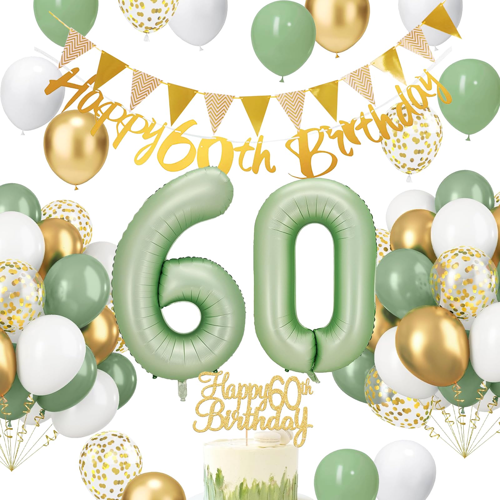 HLEIUKT Set 60 Años Globos Decoración Cumpleaños, Globos 60 Cumpleaños Mujer, Decoracion Globos 60 Cumpleaños 60 Años Oro Verde Pancarta Triángulo, Hombres y Mujeres Fiesta Cumpleaños Decoracion