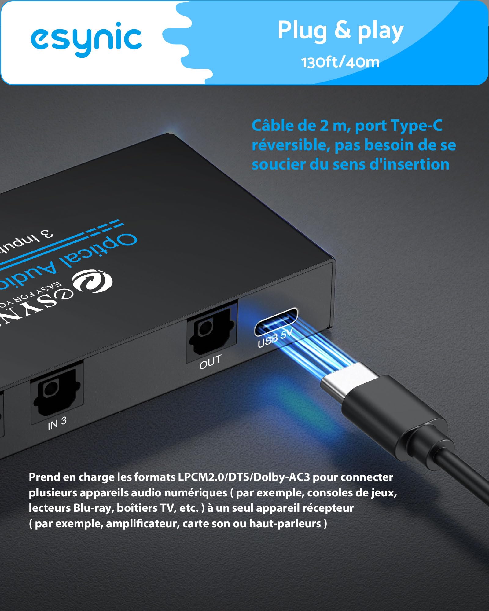 eSynic 3x1 Convertisseur Audio Toslink SPDIF Fibre Optique avec Télécommande IR Support LPCM2.0 DTS Dolby-AC3 Répartiteur Audio Optique Numérique 3 Entrées 1 Sortie avec Câbles USB Câble Optique