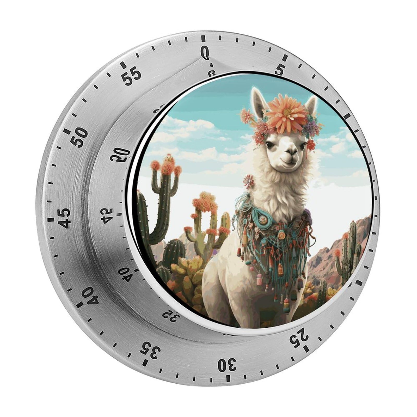Mechanischer Edelstahl-Timer, Küchentimer, mexikanisches Lama, grün, bedruckt, Edelstahl, Countdown-Timer für Fitness-Projekte und Küchenaufgaben
