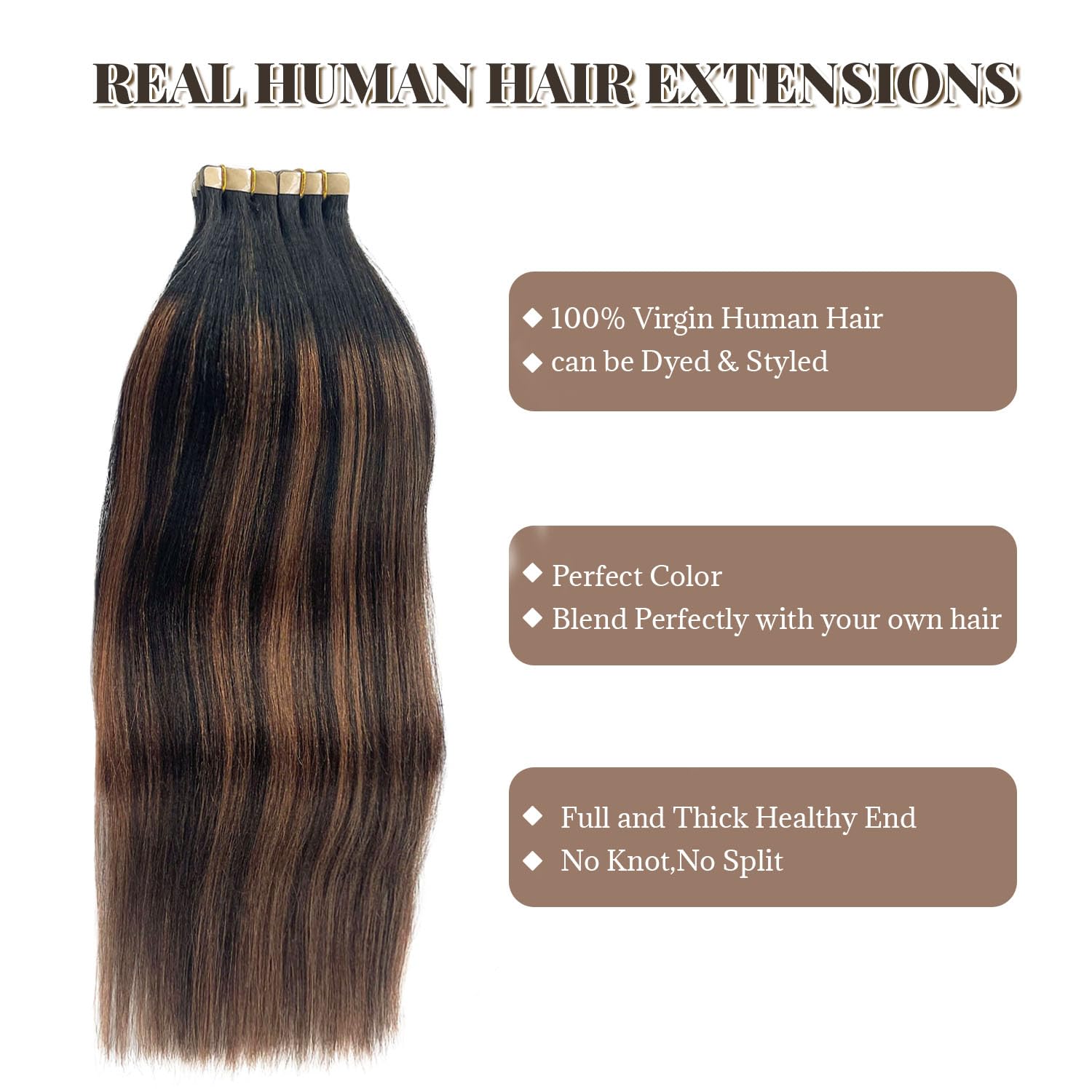 22 Inch Tape in Hair Extensions Human Hair Natural Black Hair Extensions Real Human Hair Yaki Straight Balayage Brown Highlights Remy Human Hair Tape in Extensions 50g/pack 20pcs Tape Hair Extensions