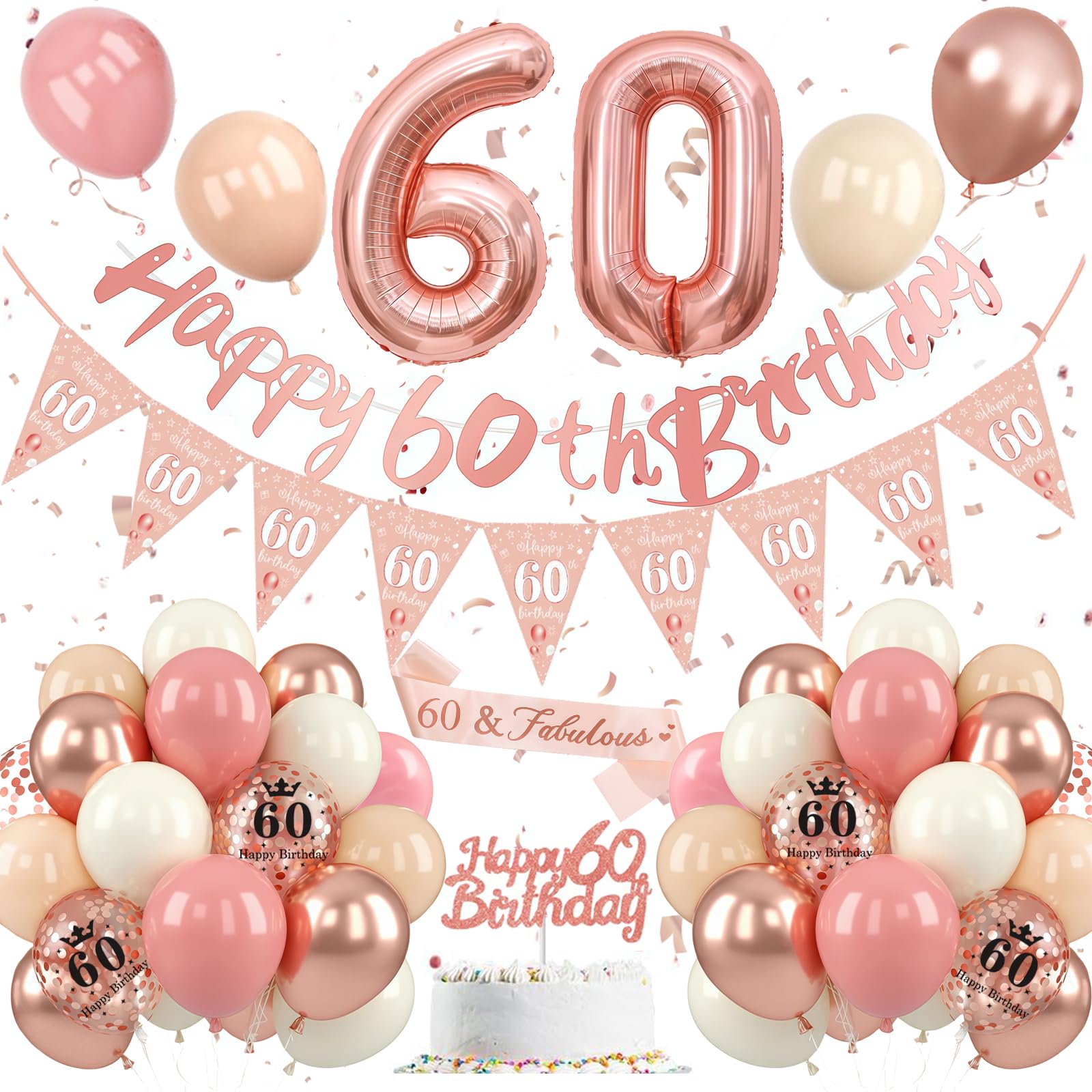 Balloon 60th Birthday Decoration Rose Gold, pink and white 60th birthday decorations, Number 60 balloons with banner, Cake Topper for women, 60th birthday party decorations