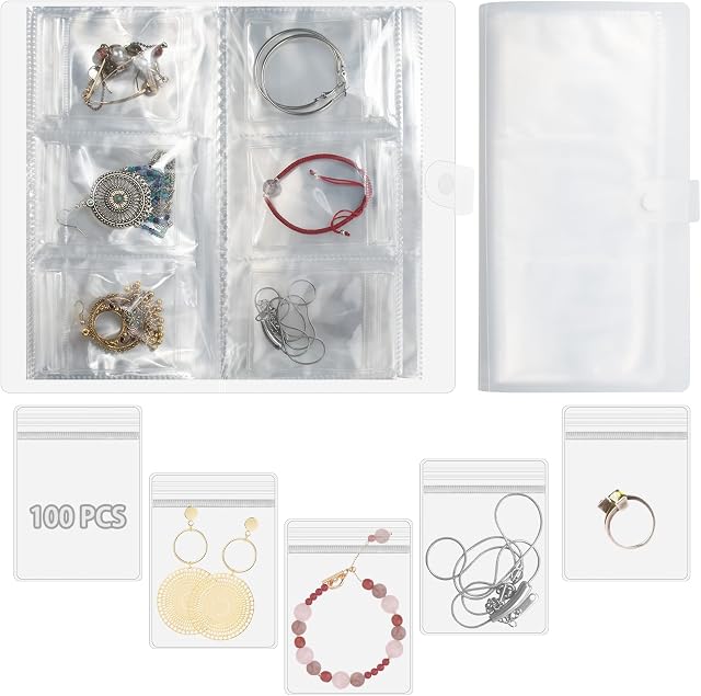 JC-Houser 120 Grid Transparent Jewelry Storage Book with 100 Ziplock Bags, Portable Travel Earring Organizer Album, Anti Oxidation Jewelry Storage Holder Book for Rings Necklace and Studs