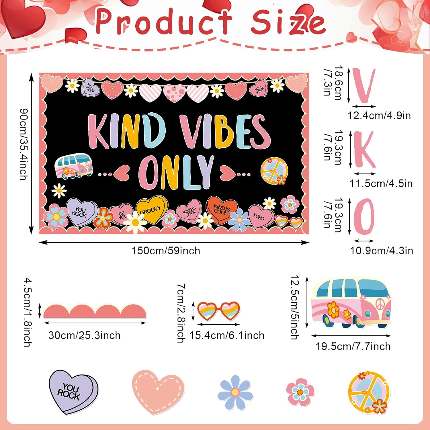 Naozinebi Valentine's Day Bulletin Board Decoration Valentine Classroom Bulletin Board with Borders Retro Groovy Heart Paper Cutouts for School Nursery Chalkboard Home Office Door Wall Decor