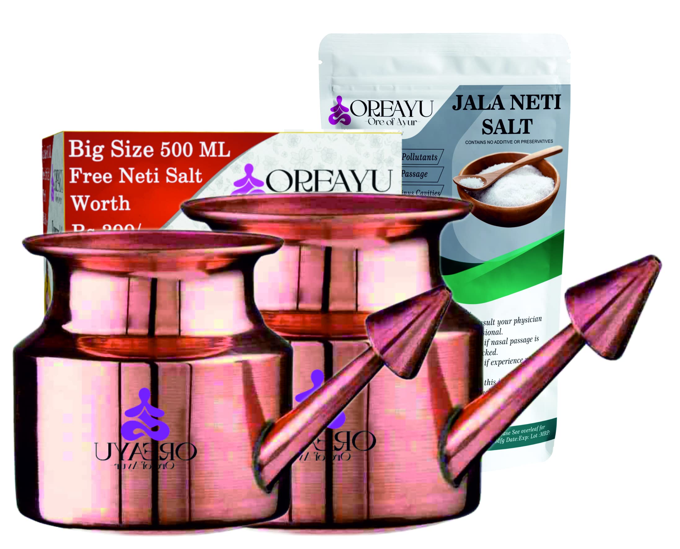 Copper Neti Pot/Lota Kit For Yoga and Sinus, Nose Irrigation and Cleaning 2 Neti Pot (500 + 250 ml) and Neti Salt (200gm)-picture-33