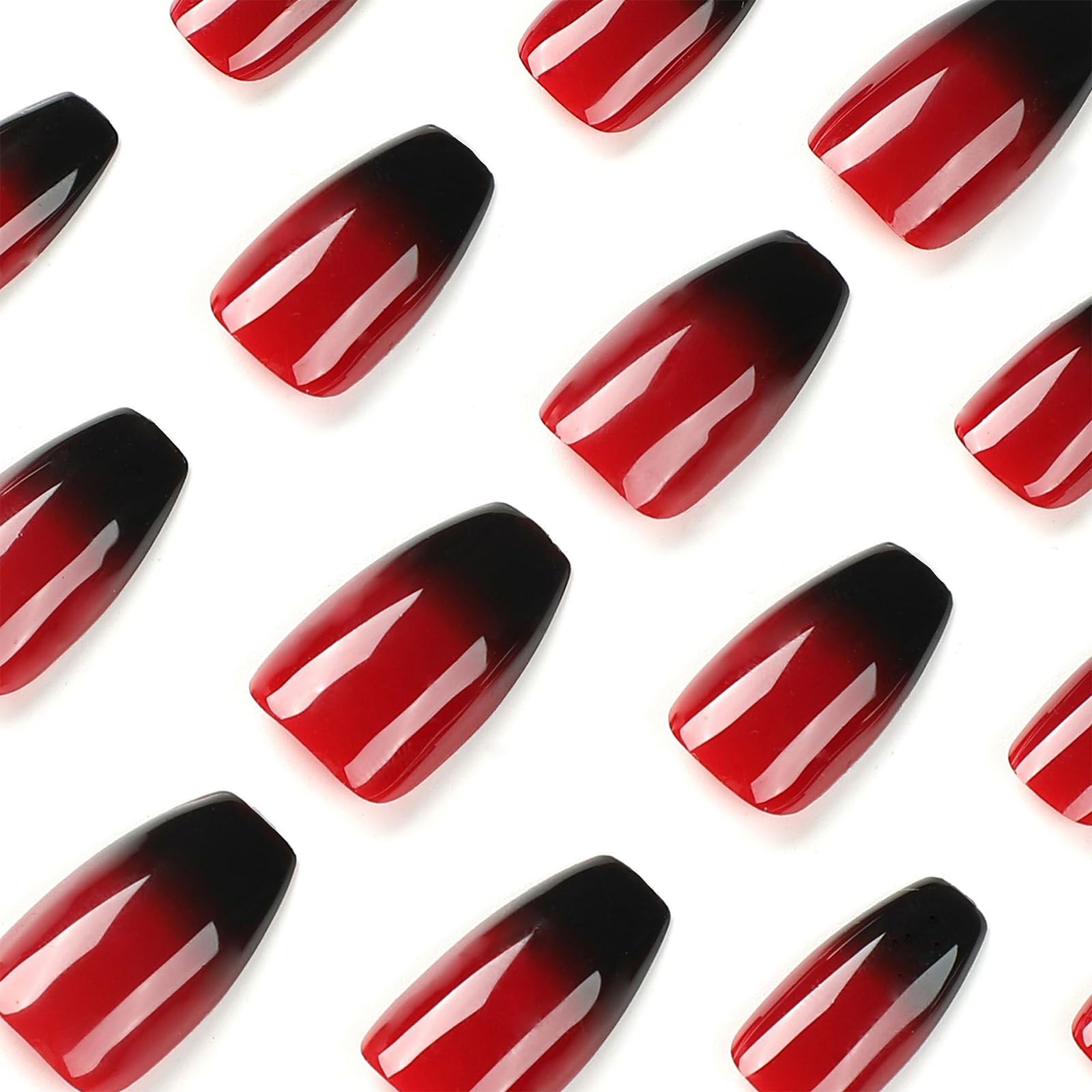24Pcs Coffin Press On Nails, Medium Red Black Gradient Acrylic Full Cover Fake Tips - Image 3