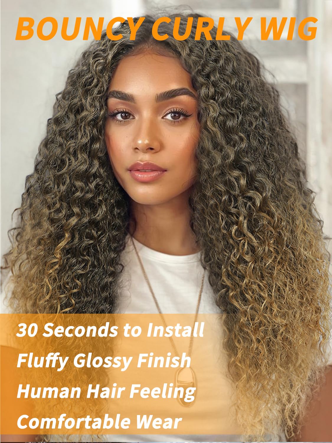 Blonde Curly Synthetic Lace Front Wig Ombre Brown Blonde Glueless Curly Wig Pre Cut 4x1 Lace Upgraded with Human Hair Feeling Fiber Long Deep Wave Curly Synthetic Wig (TBrown/Blonde-24 Inches)