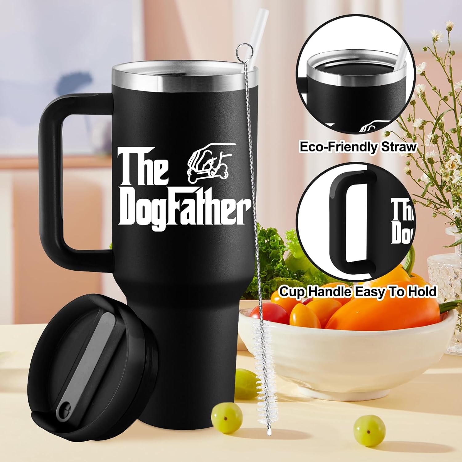 Dog Dad Gifts for Men - Christmas Dog Dad Gifts - Dog Lover Gift for Men - 40oz Travel Cup Insulated Tumbler with Handle & Straw - Image 4