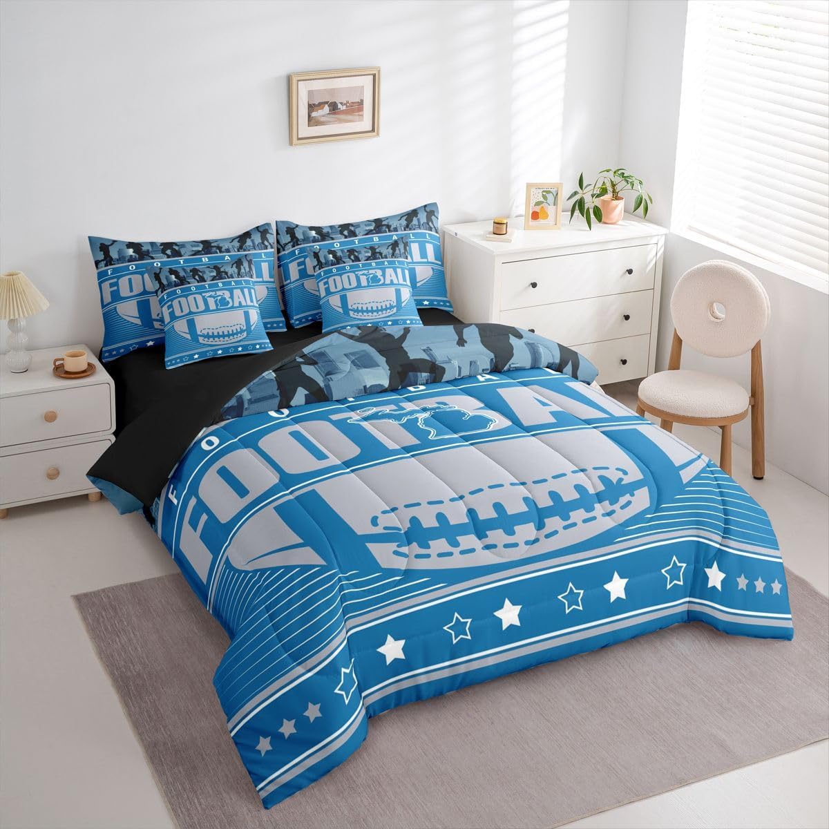 Erosebridal 7Pcs Boys Sports Theme Comforter Set Rugby Game Bedding Full, Football Sheets (Comforter+Fitted+Flat Sheet+2 Pillowcases+2 Throw Pillow Covers) 7 Pieces Bed Set - Image 4