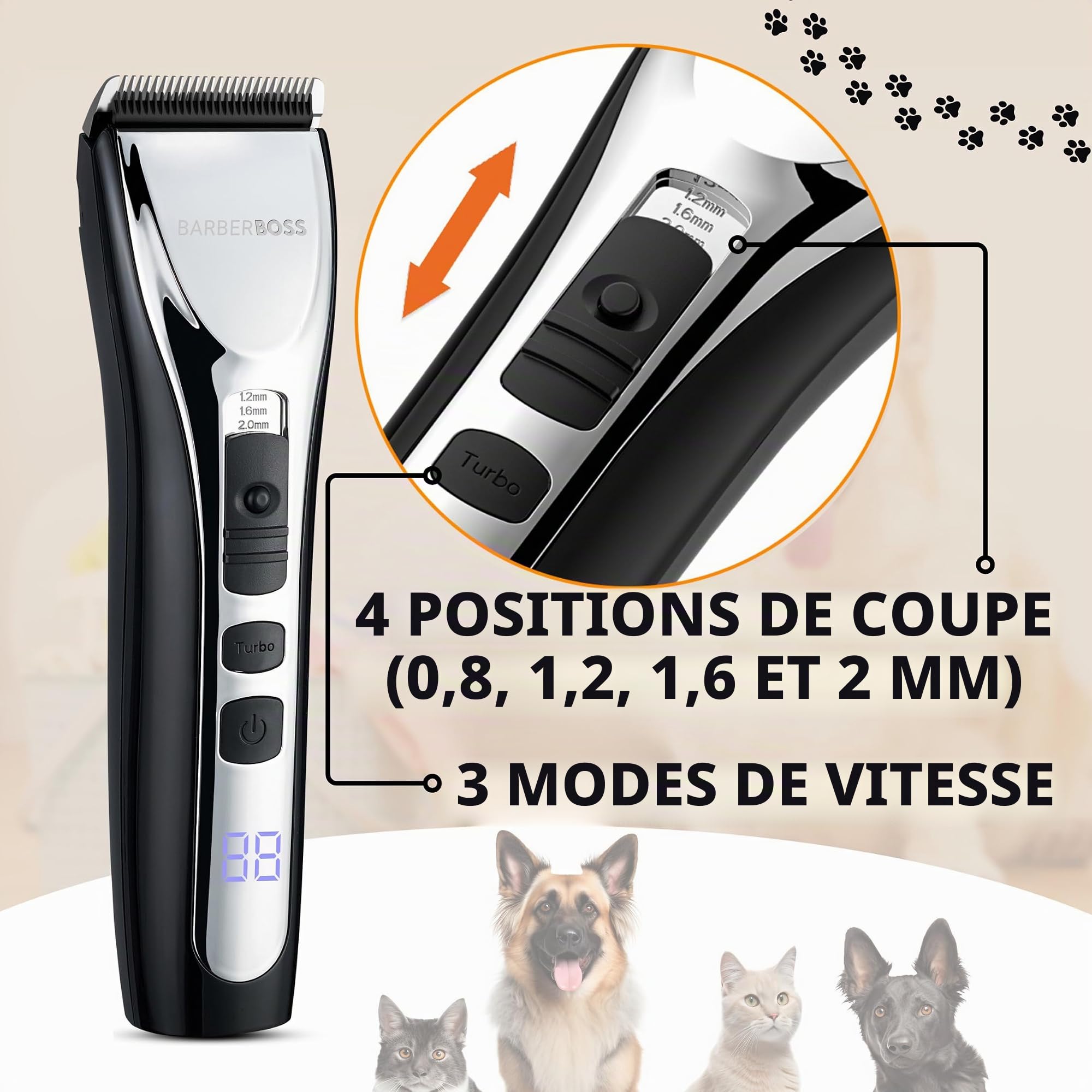 BarberBoss Tondeuse professionnelle à poils épais, kit de toilettage pour chien, tondeuse pour chien sans fil, tondeuse pour chat à poils durs QR-9086