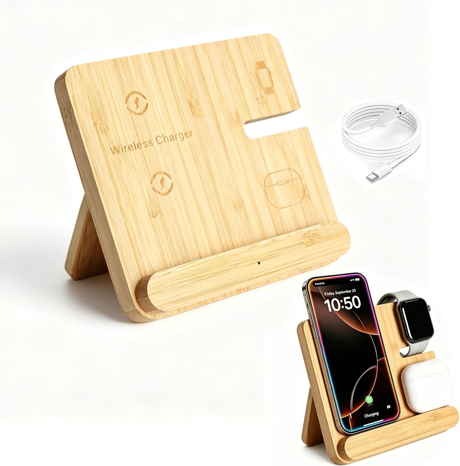 3-in-1 Wooden Wireless Charging Station, Dual Coil Fast Charger for Phone & Earbuds & Smartwatch, 15W Max Qi-Certified Charging Pad with Natural Wood Grain, Home Office Desk Organizer (Set-A)