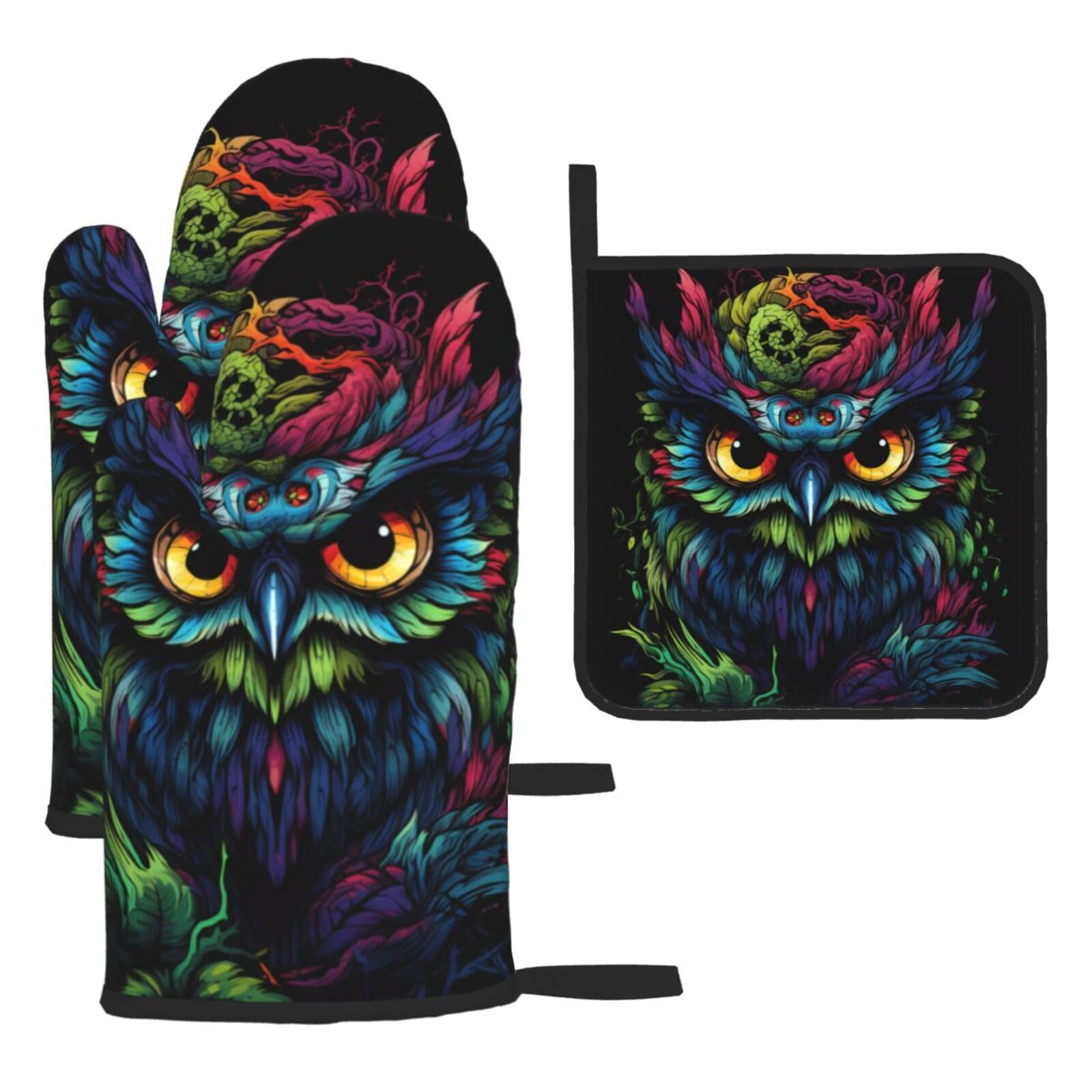 Owl On Black Background Oven mittens and oven mitts three-piece set suitable for oven, grilling, baking, microwave and home cooking.
