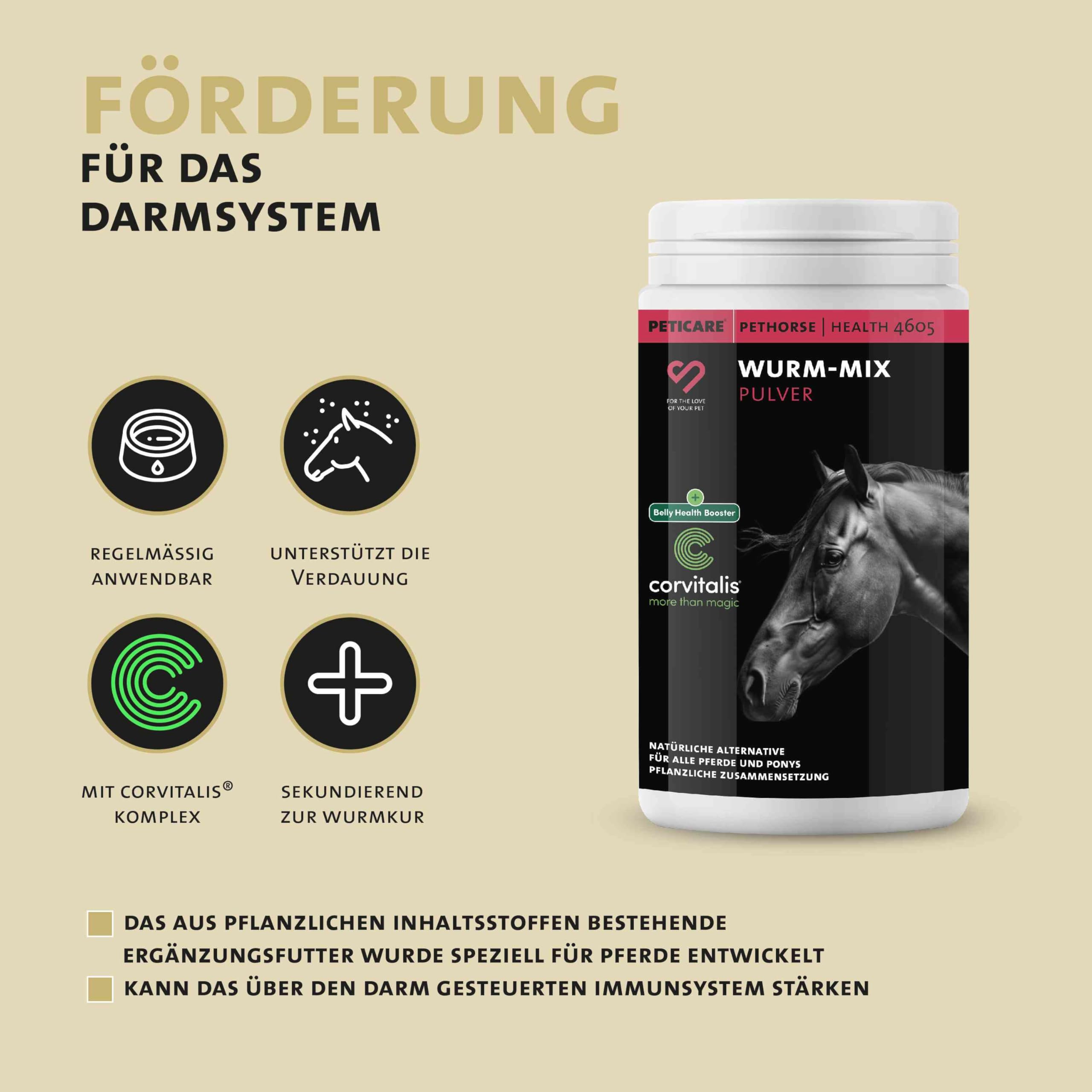 Peticare Wurm-Mix Pulver für Pferde | Natürliche Alternative, sekundierend zur Wurmkur & Wurmbefall | Für Pferde & Ponys | Pflanzliche Inhaltsstoffe mit Wurm-Kraut, Wermut | petHorse Health 4605