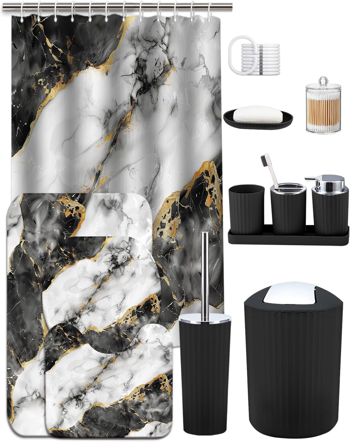 Lnond Marble Bathroom Set, 24 Piece Black White Bathroom Decor Set with with Shower Curtain and Rugs, Trash Can, Toilet Brush Holder Set & Soap Dispenser