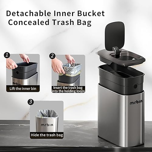 Miniatura 5 de MRBIN Cubo de basura de acero inoxidable con sensor de movimiento para baño, cesta de basura inteligente delgada de 10 l2.6 galones con tapa, cubo